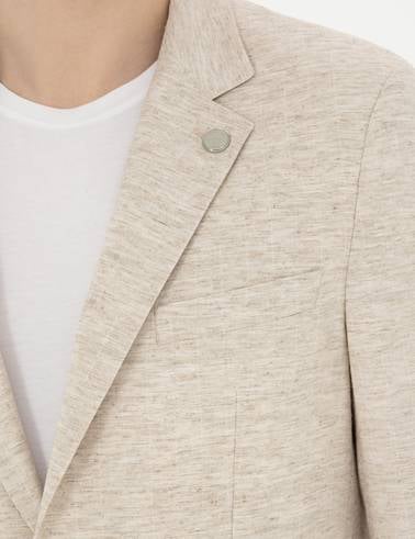 Bej Slim Fit Keten Karışımlı Çizgili Takım Elbise