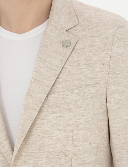 Bej Slim Fit Keten Karışımlı Çizgili Takım Elbise - 50286097005