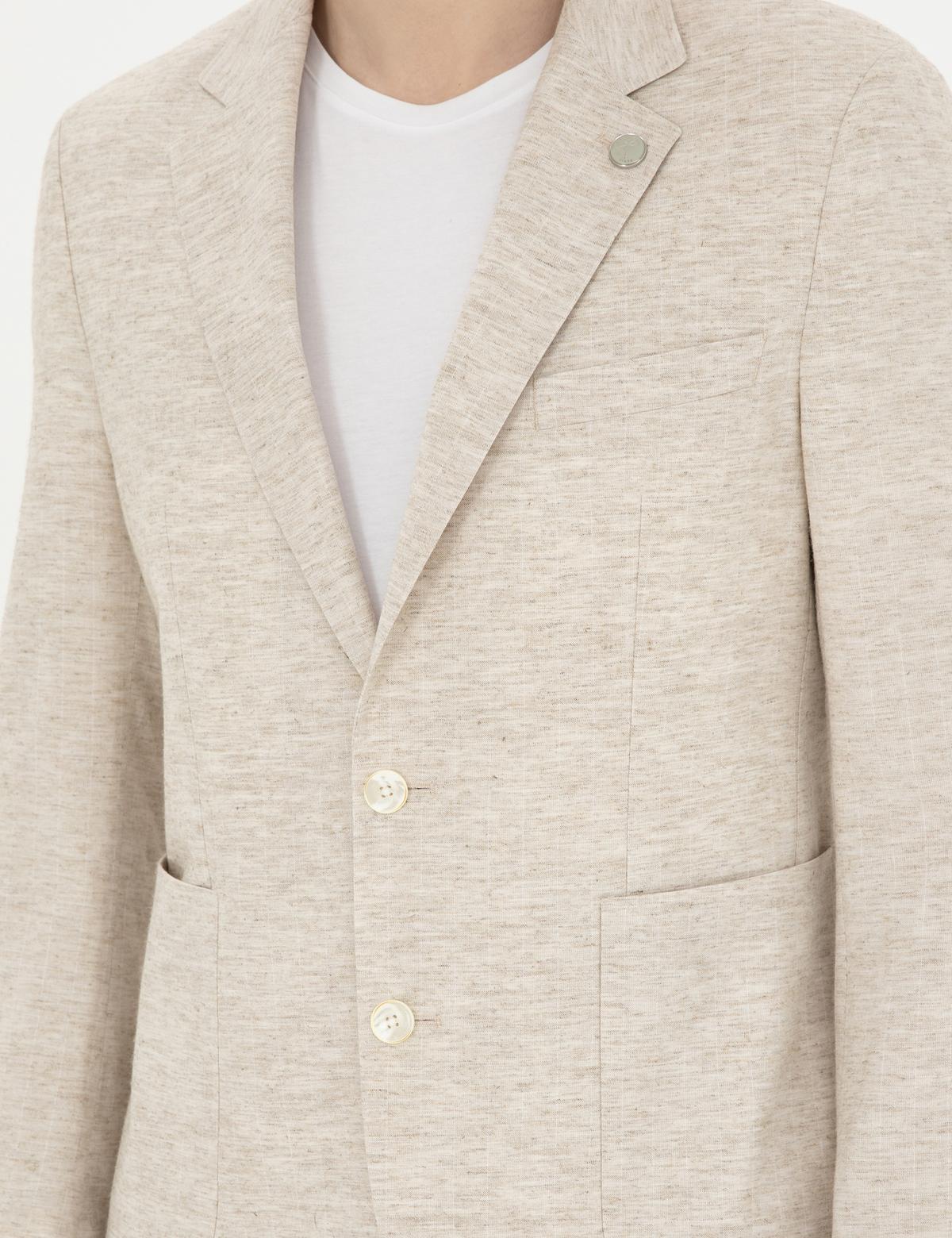 Bej Slim Fit Keten Karışımlı Çizgili Takım Elbise - 50286097005