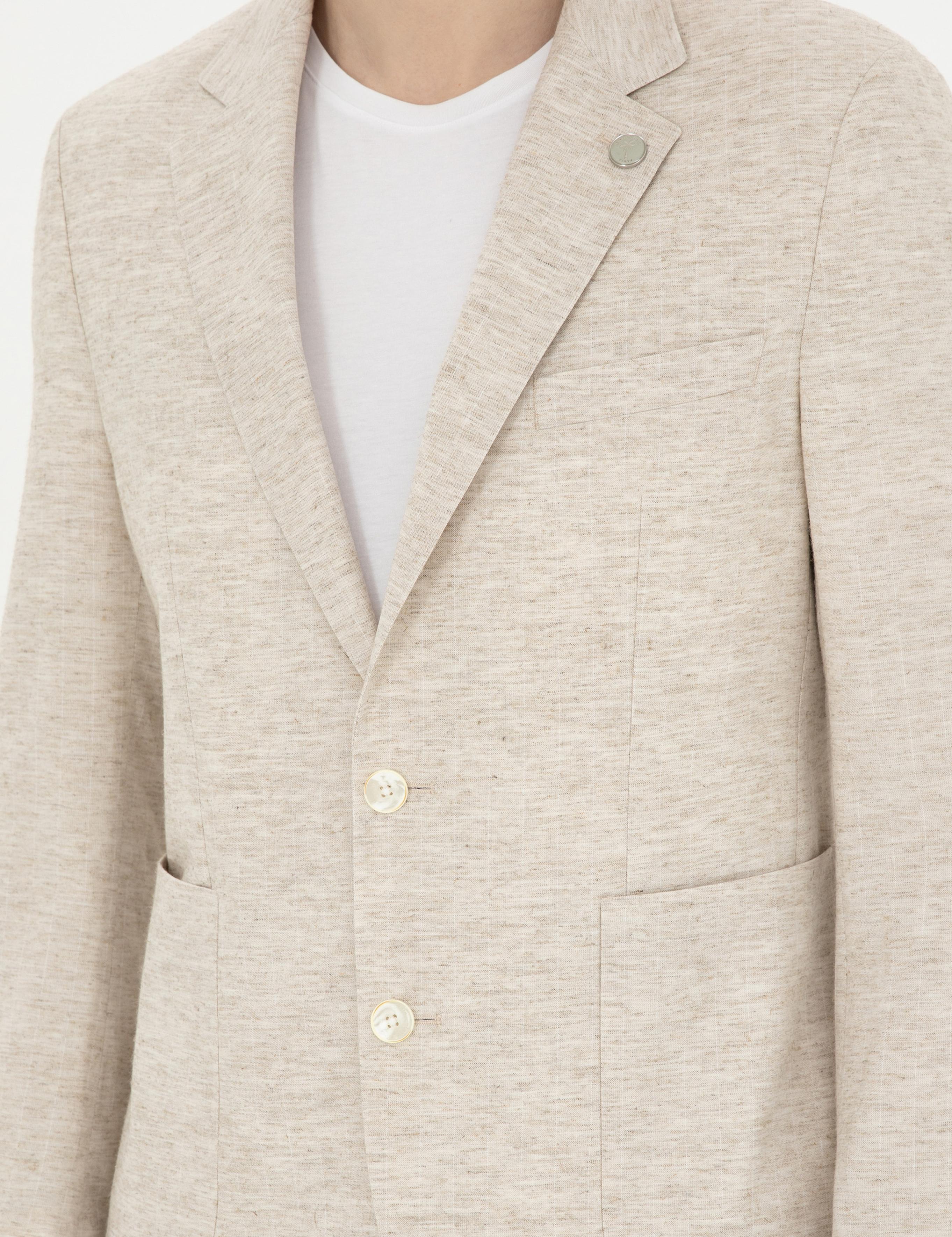 Bej Slim Fit Keten Karışımlı Çizgili Takım Elbise