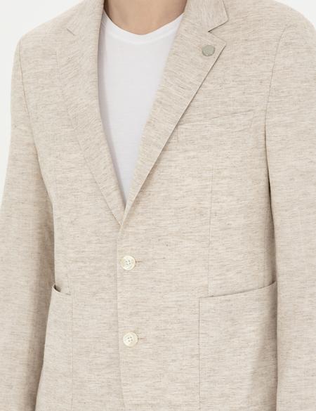 Bej Slim Fit Keten Karışımlı Çizgili Takım Elbise - 50286097005