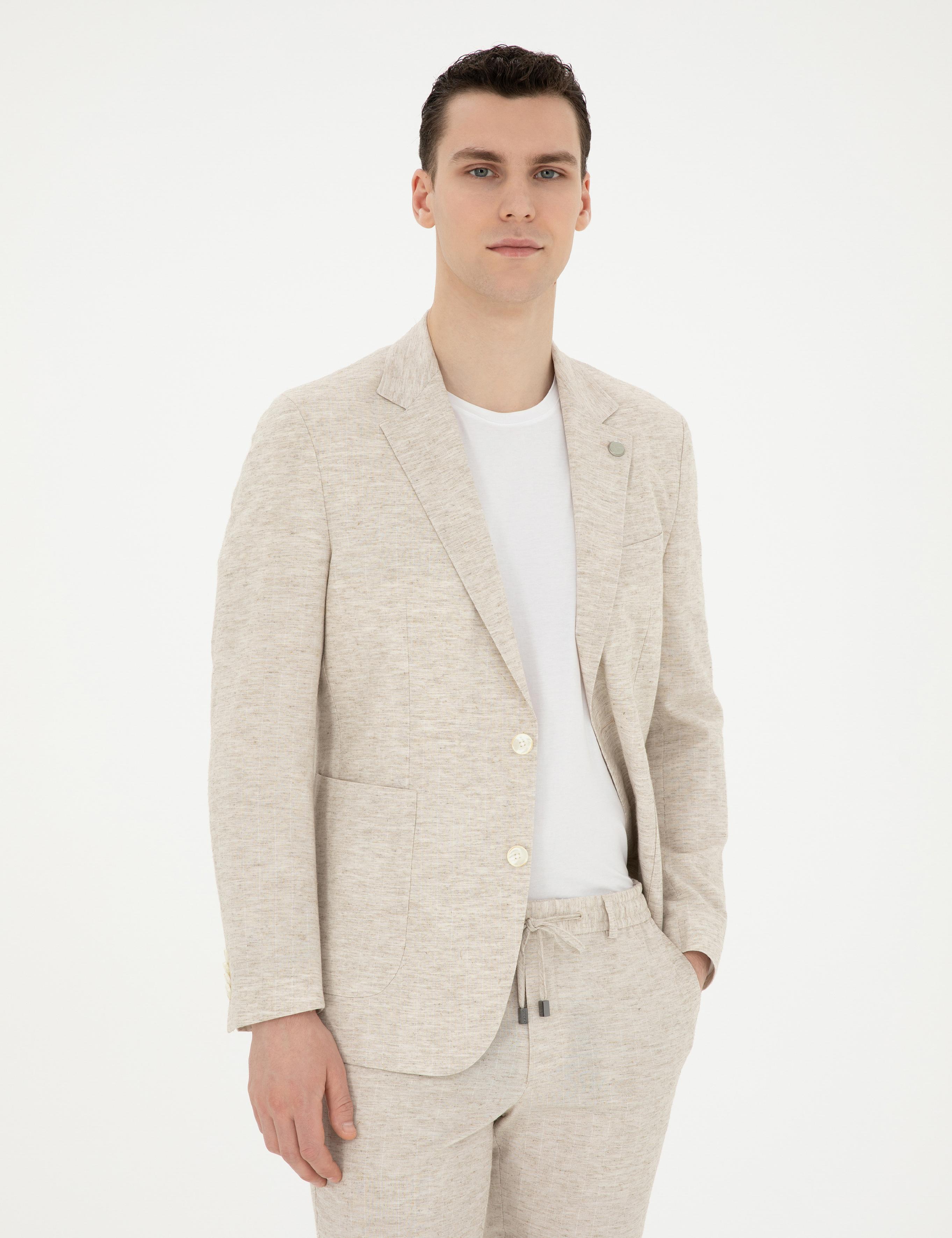 Bej Slim Fit Keten Karışımlı Çizgili Takım Elbise