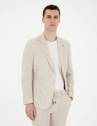 Bej Slim Fit Keten Karışımlı Çizgili Takım Elbise