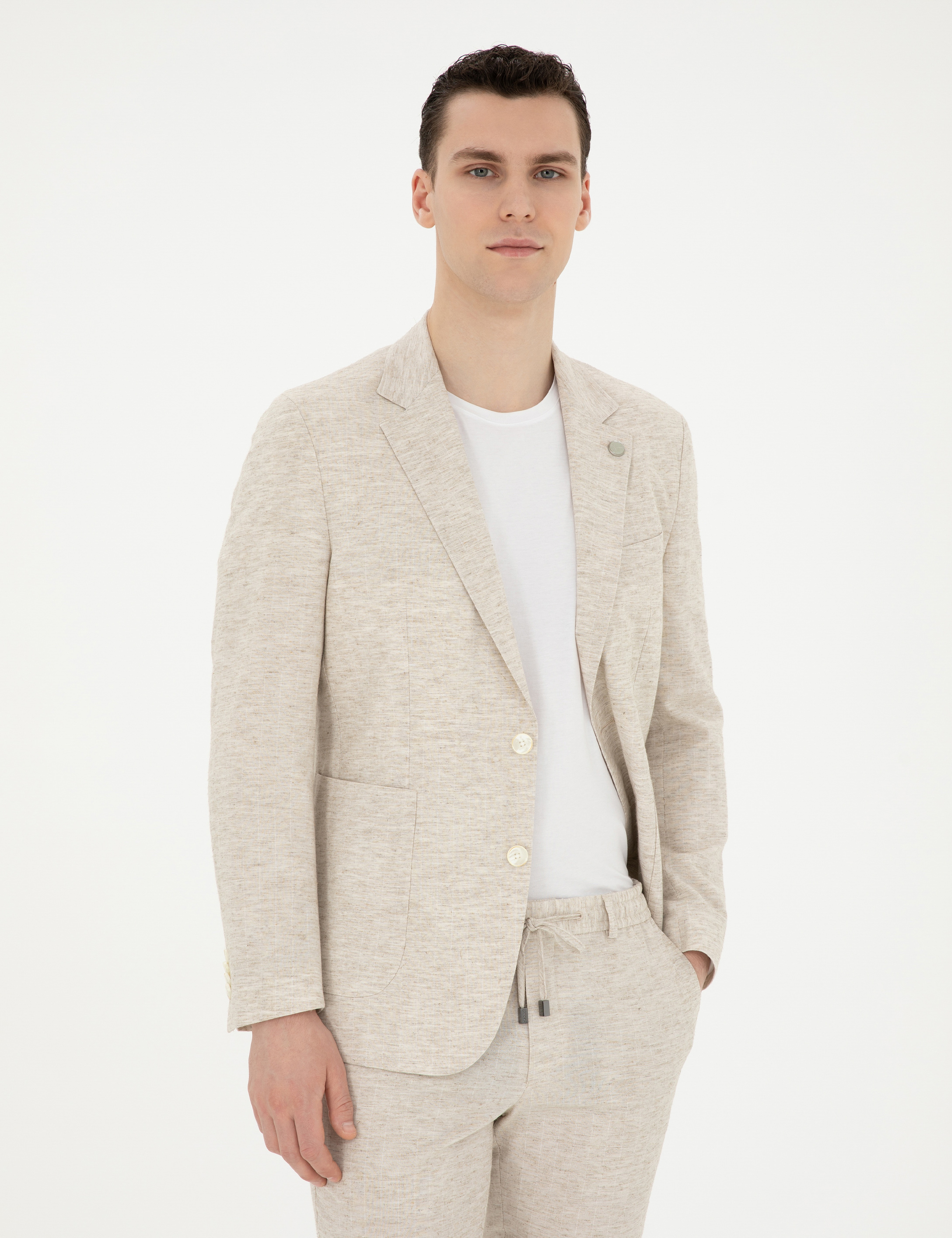 Bej Slim Fit Keten Karışımlı Çizgili Takım Elbise - Image 3