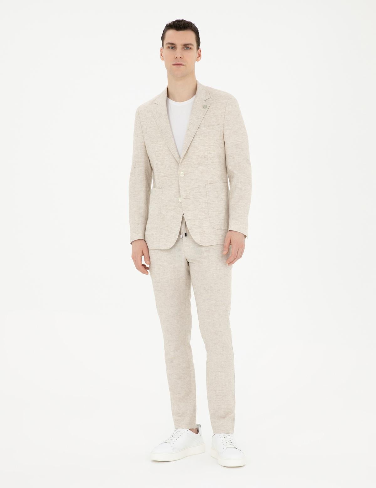 Bej Slim Fit Keten Karışımlı Çizgili Takım Elbise