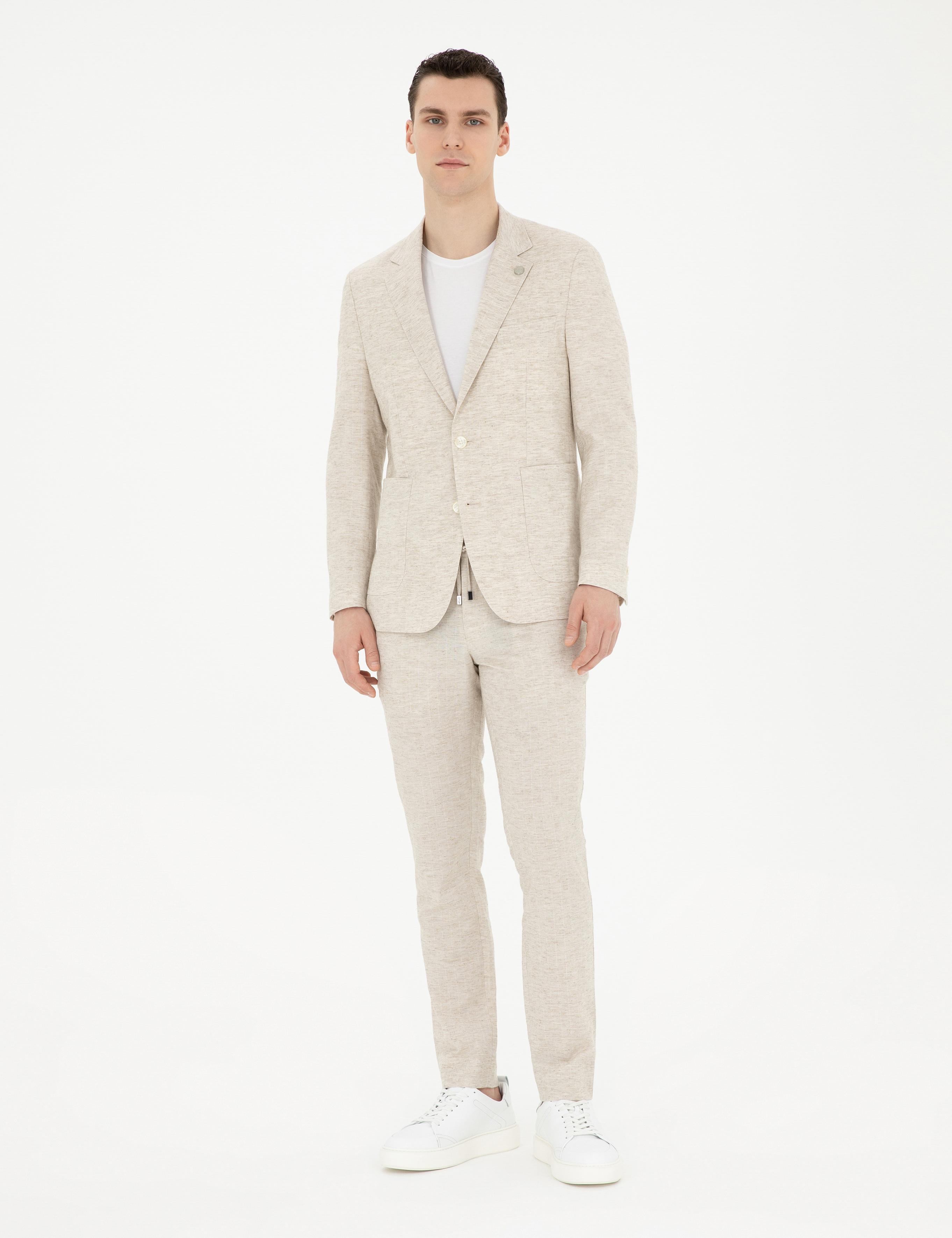 Bej Slim Fit Keten Karışımlı Çizgili Takım Elbise