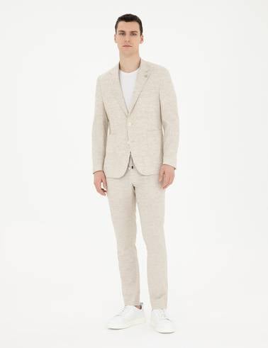 Bej Slim Fit Keten Karışımlı Çizgili Takım Elbise