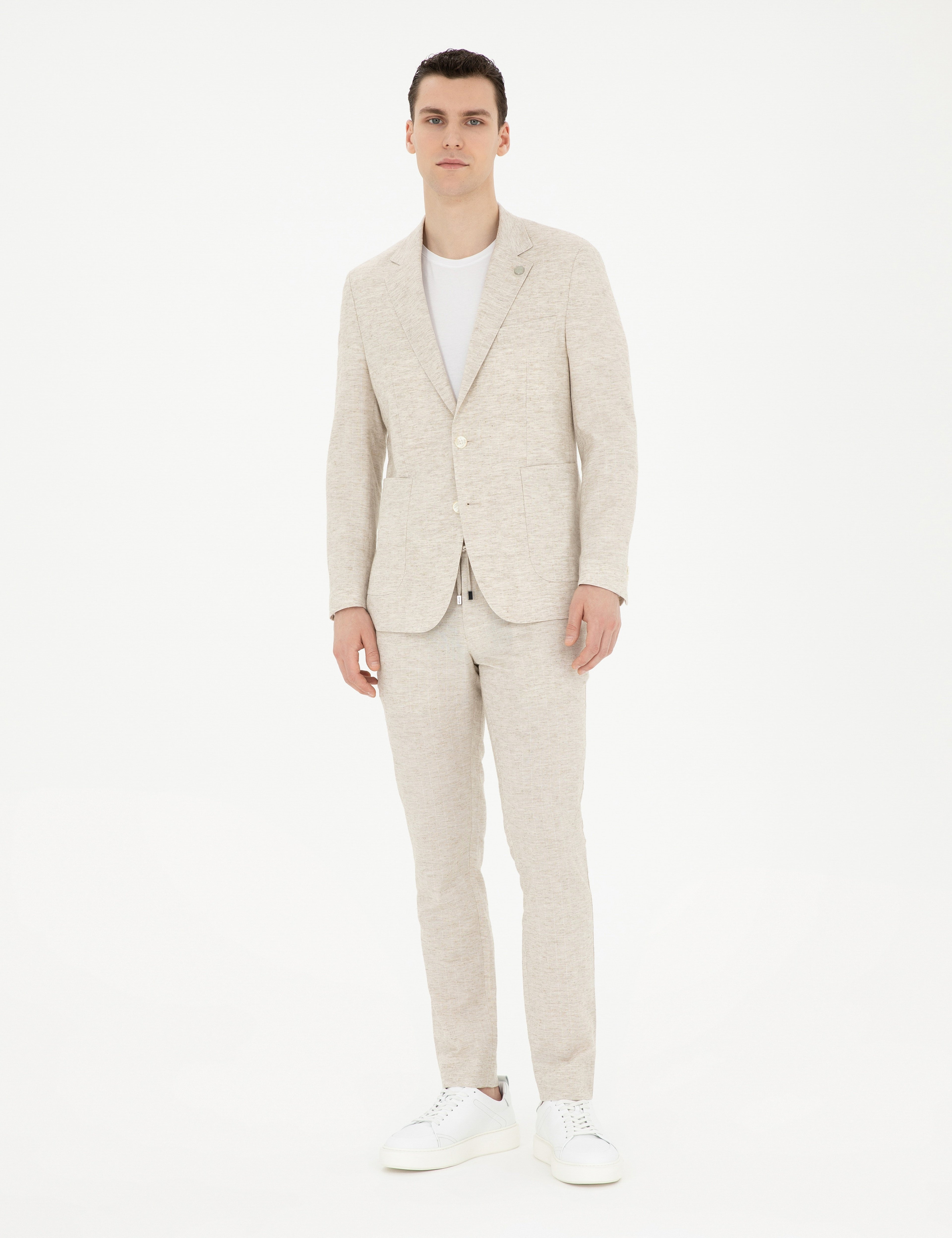 Bej Slim Fit Keten Karışımlı Çizgili Takım Elbise