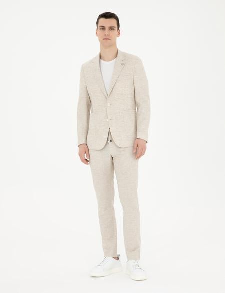 Bej Slim Fit Keten Karışımlı Çizgili Takım Elbise - 50286097005