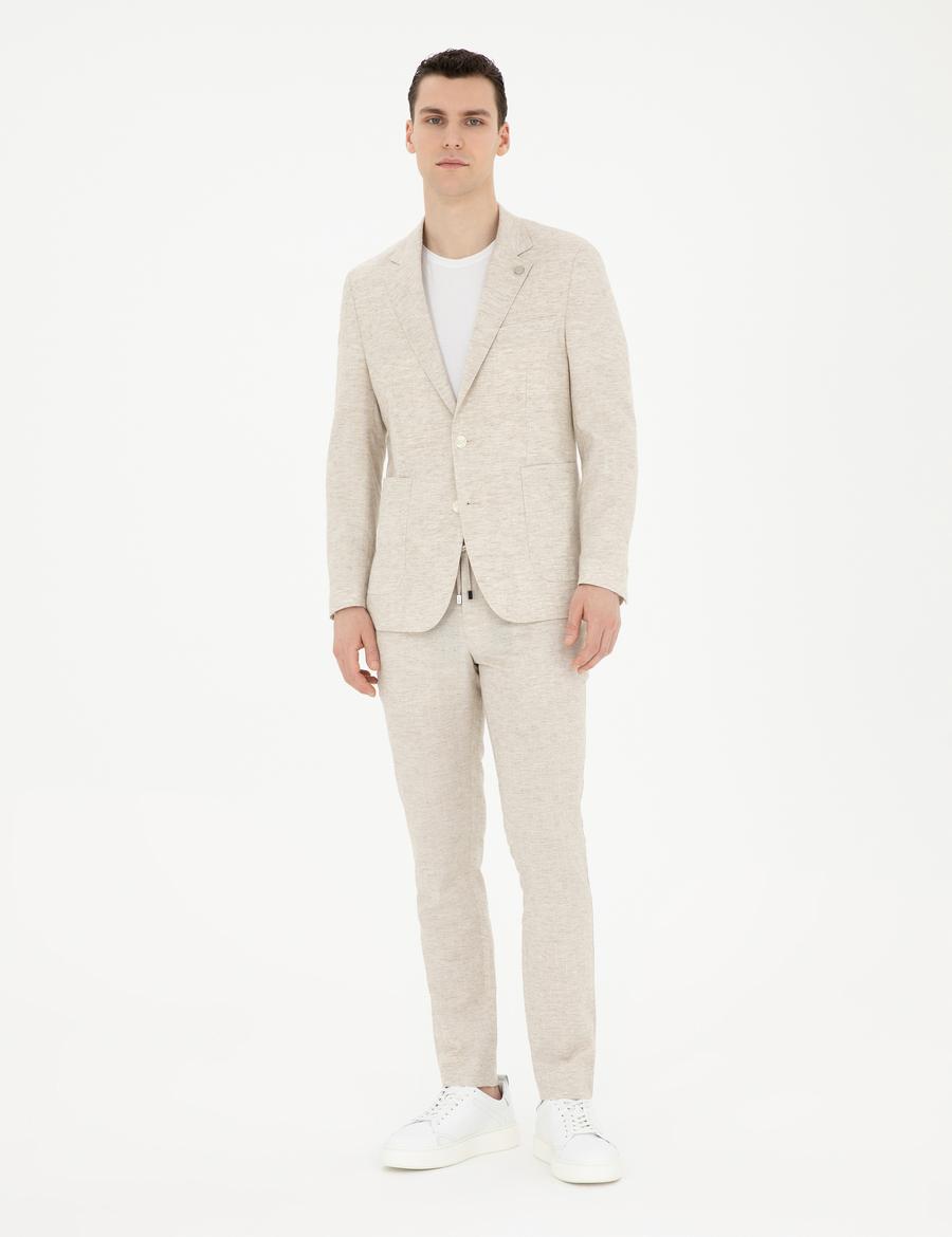 Bej Slim Fit Keten Karışımlı Çizgili Takım Elbise