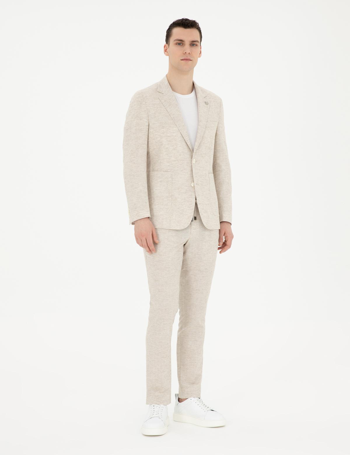 Bej Slim Fit Keten Karışımlı Çizgili Takım Elbise - 50286097005