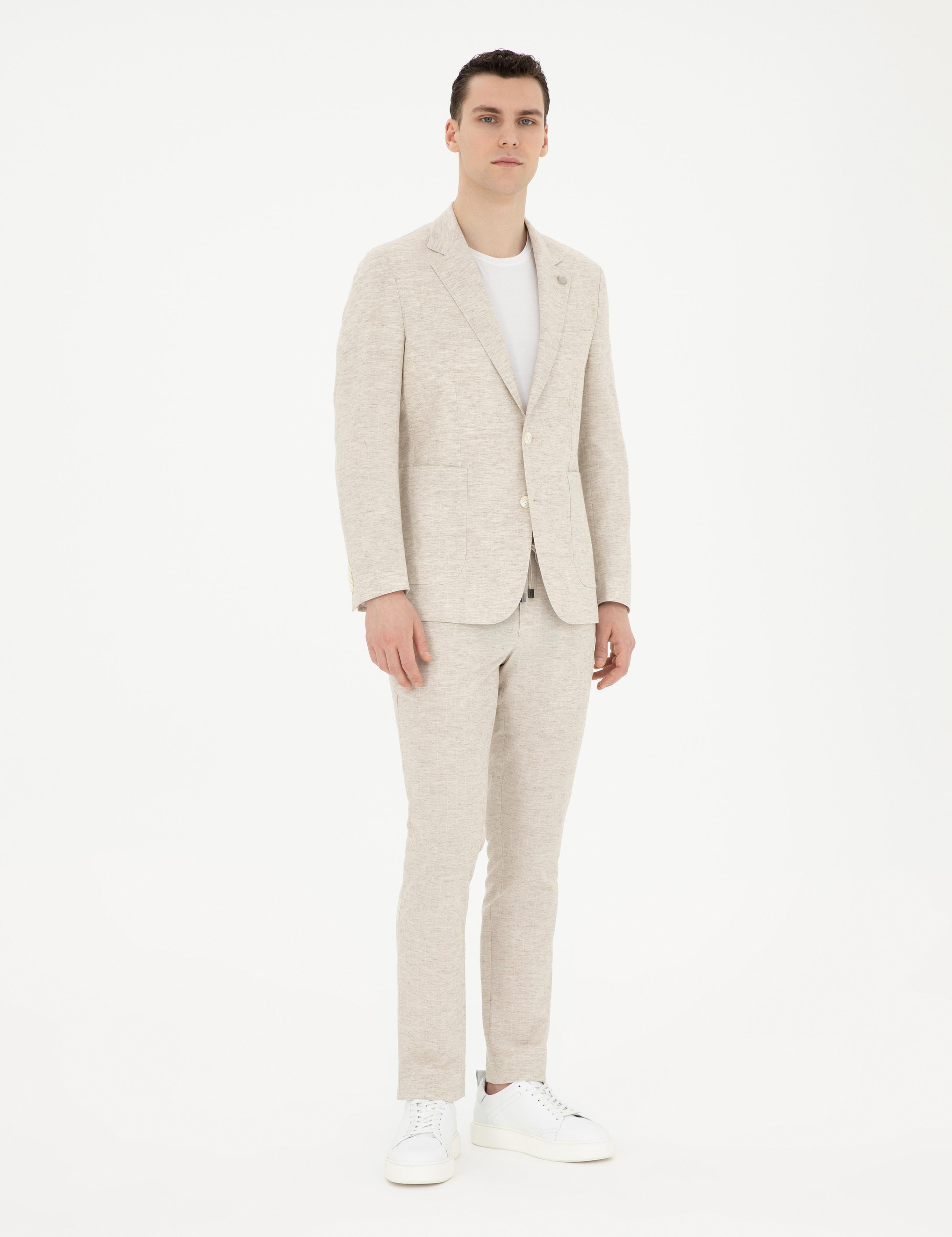 Bej Slim Fit Keten Karışımlı Çizgili Takım Elbise