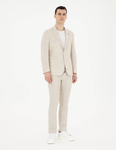 Bej Slim Fit Keten Karışımlı Çizgili Takım Elbise