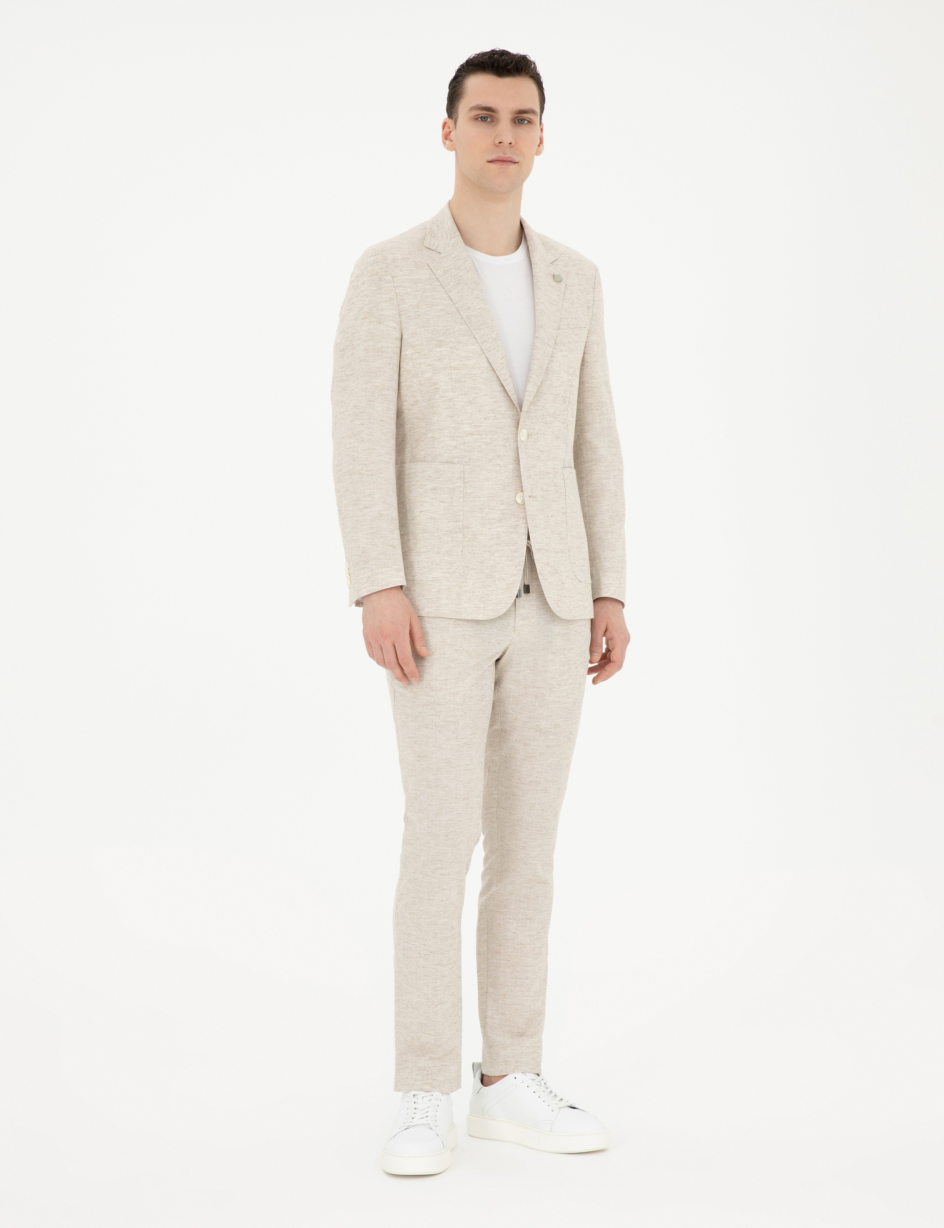 Bej Slim Fit Keten Karışımlı Çizgili Takım Elbise
