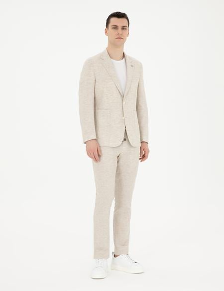 Bej Slim Fit Keten Karışımlı Çizgili Takım Elbise - 50286097005