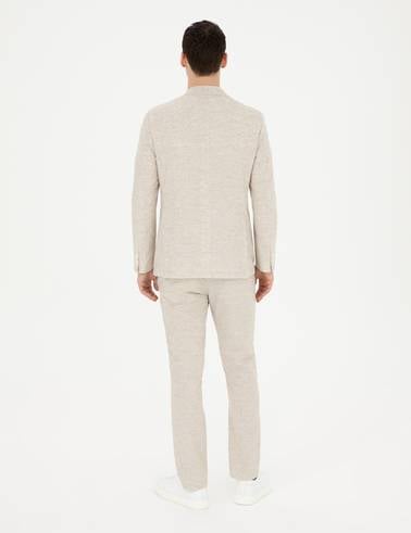 Bej Slim Fit Keten Karışımlı Çizgili Takım Elbise