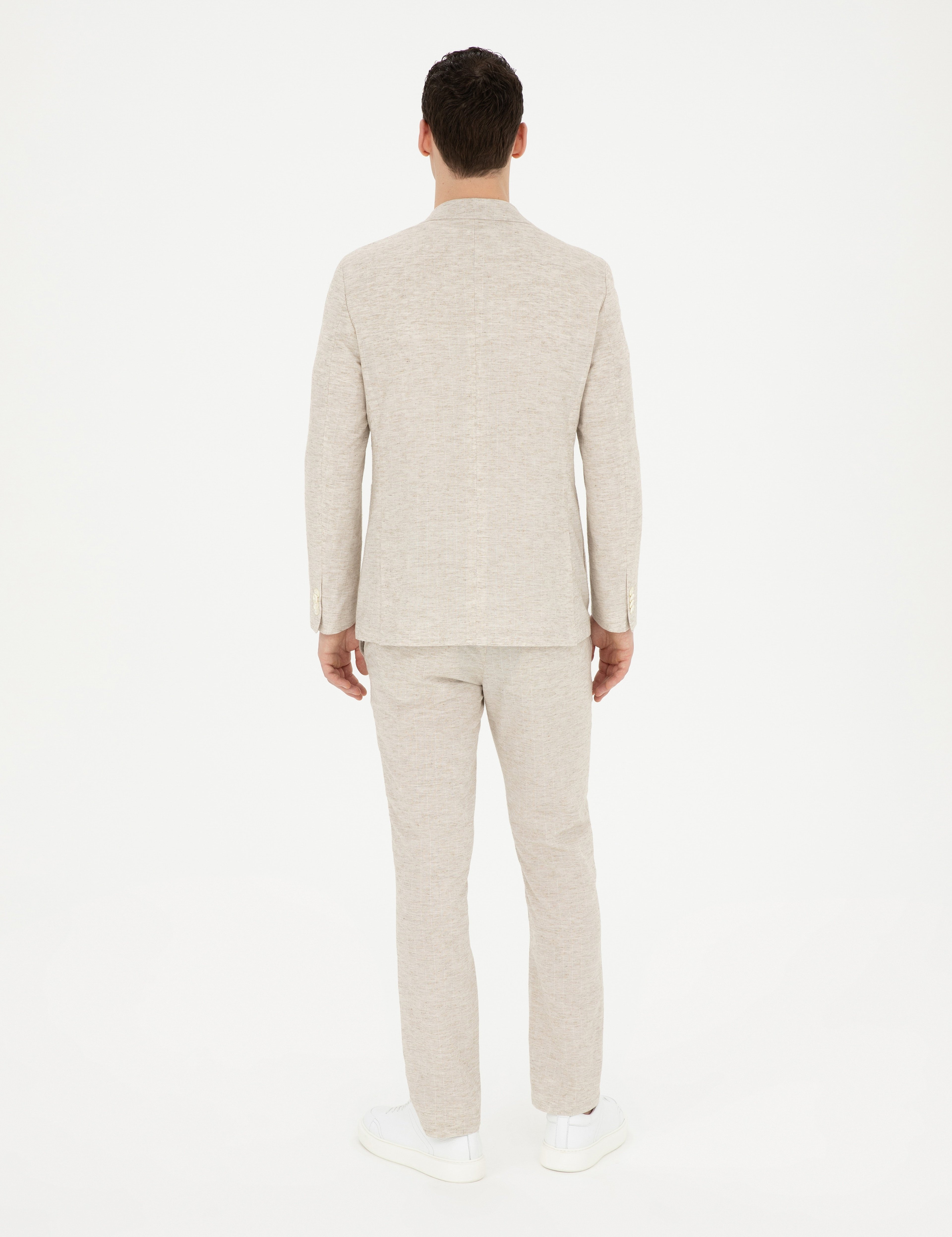 Bej Slim Fit Keten Karışımlı Çizgili Takım Elbise - Image 5