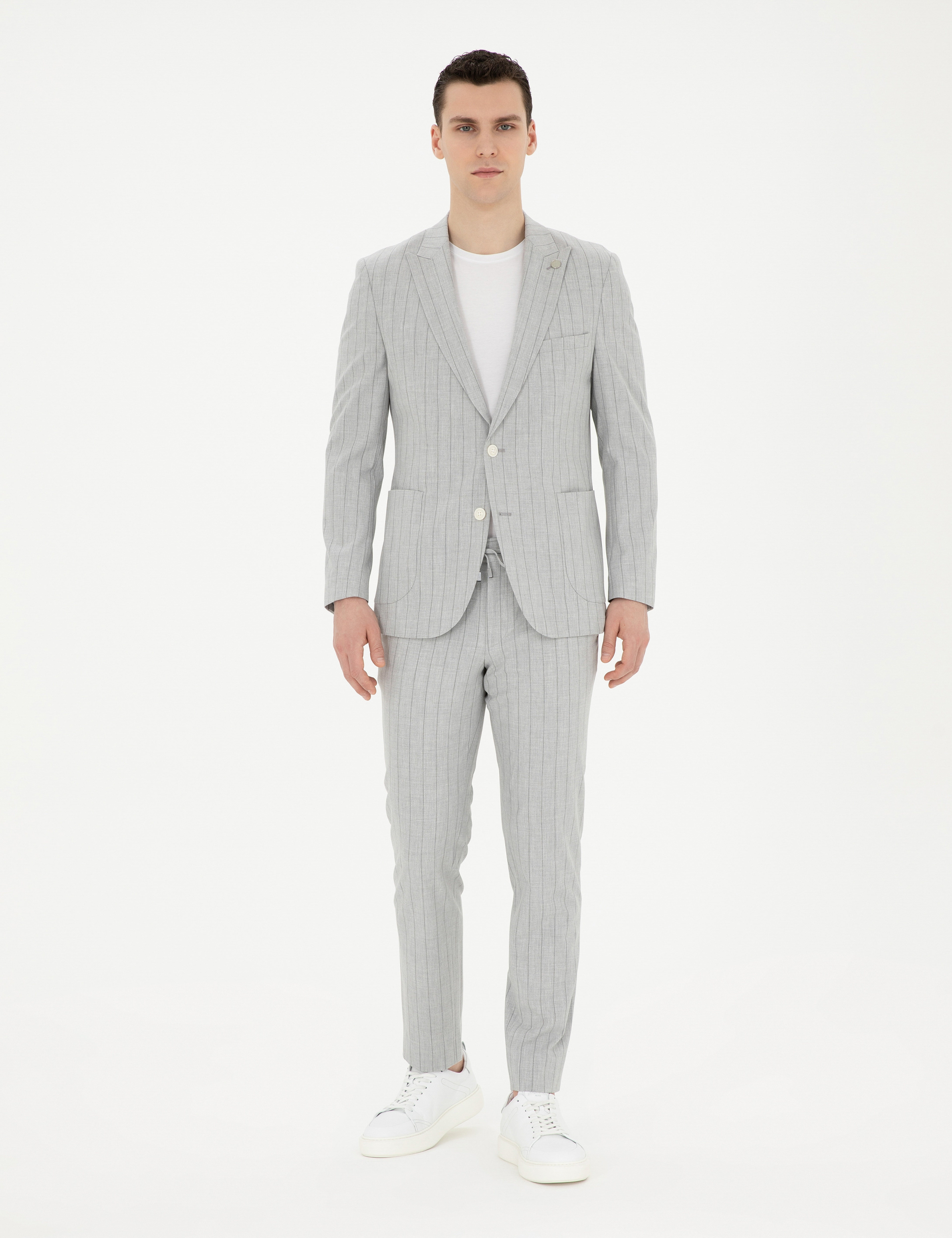 Gri Extra Slim Fit Çizgili Takım Elbise - Image 1