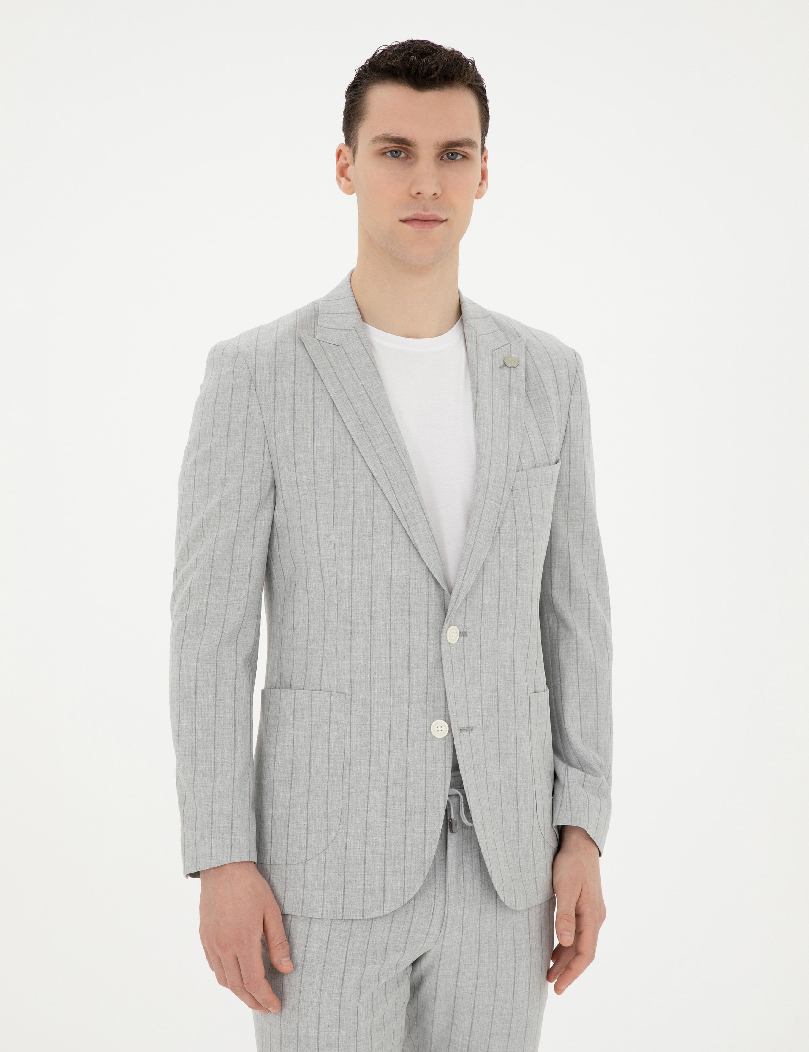 Gri Ex. Slim Fit Çizgili Takım Elbise