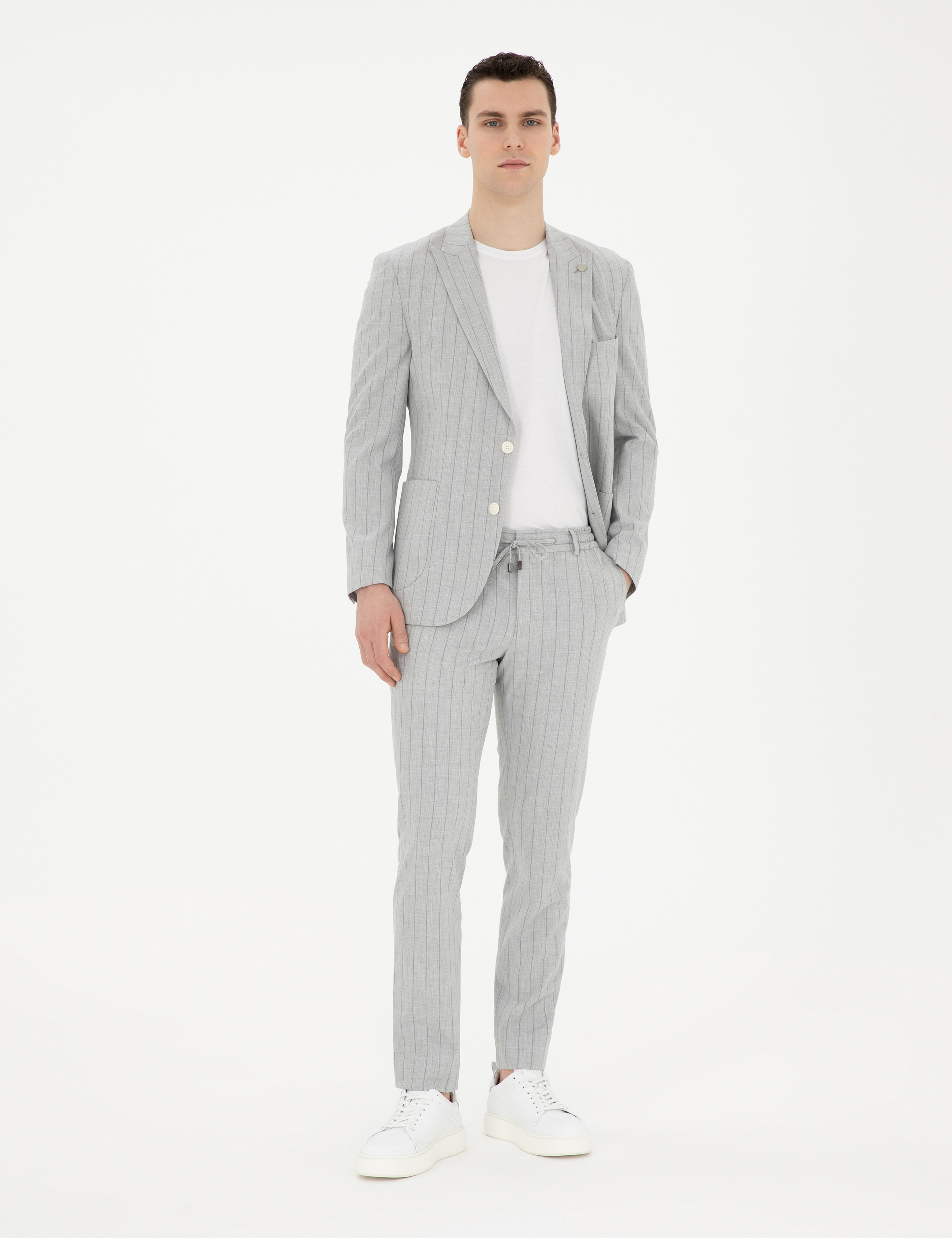 Gri Extra Slim Fit Çizgili Takım Elbise - Image 4