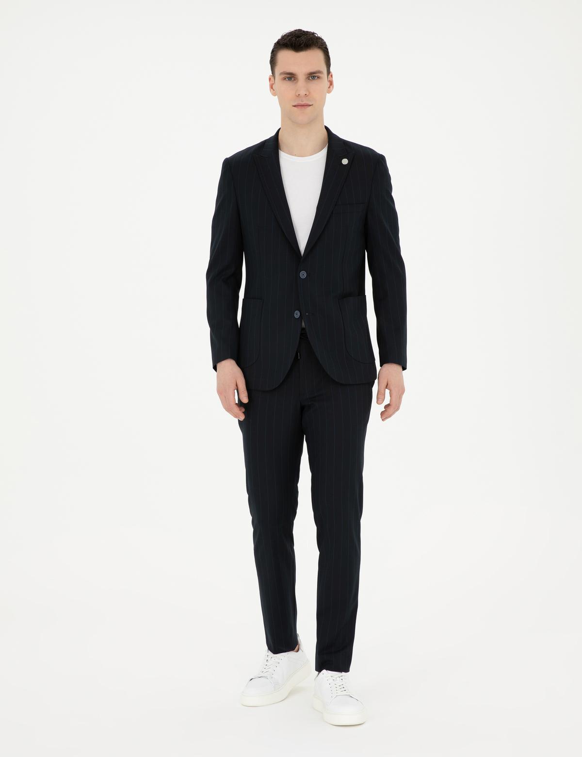 Lacivert Ex. Slim Fit Çizgili Takım Elbise