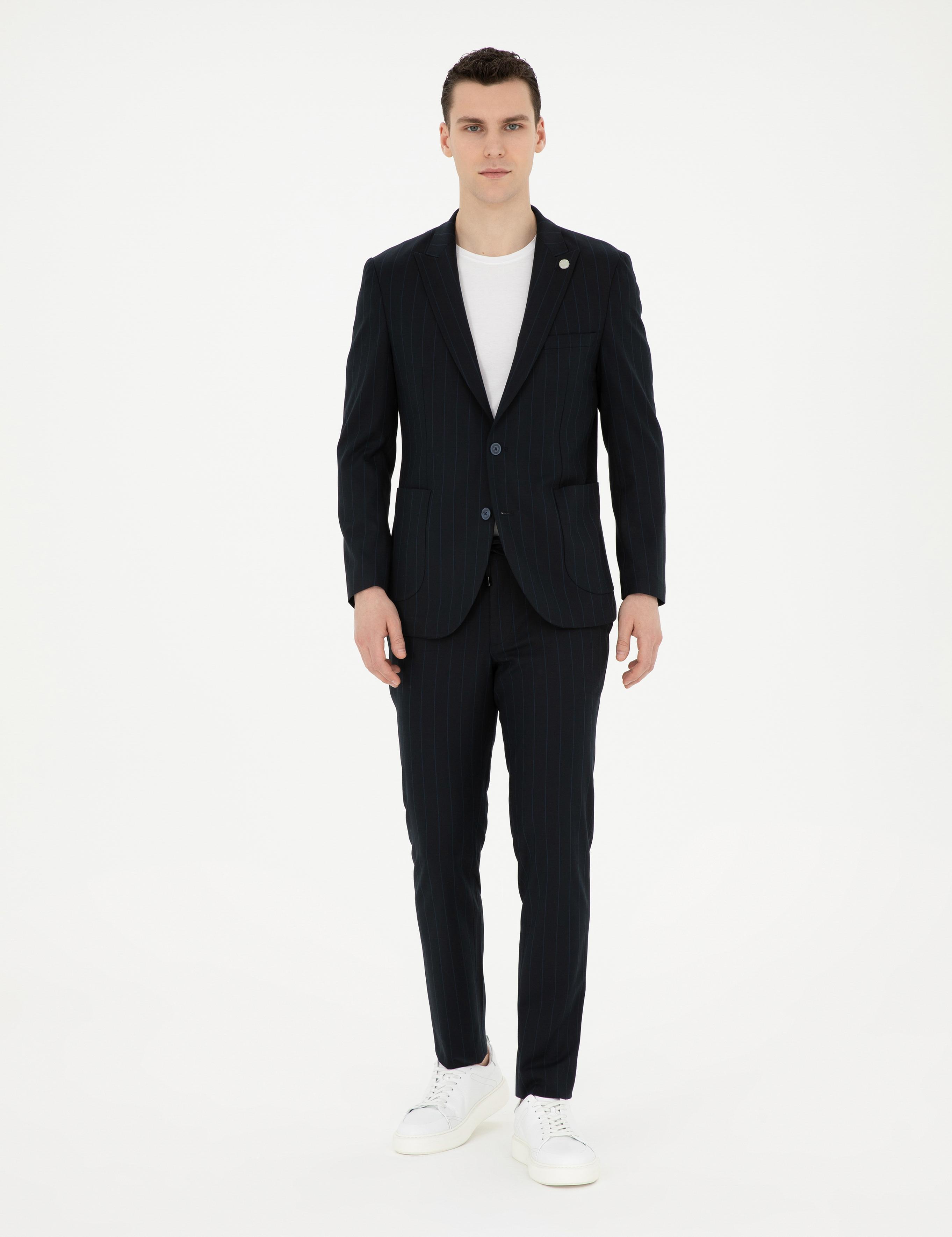 Lacivert Ex. Slim Fit Çizgili Takım Elbise