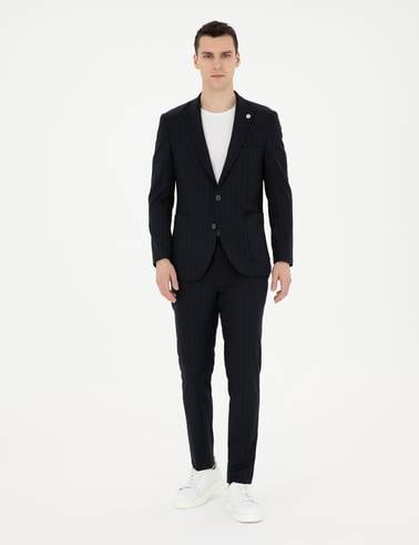 Lacivert Ex. Slim Fit Çizgili Takım Elbise