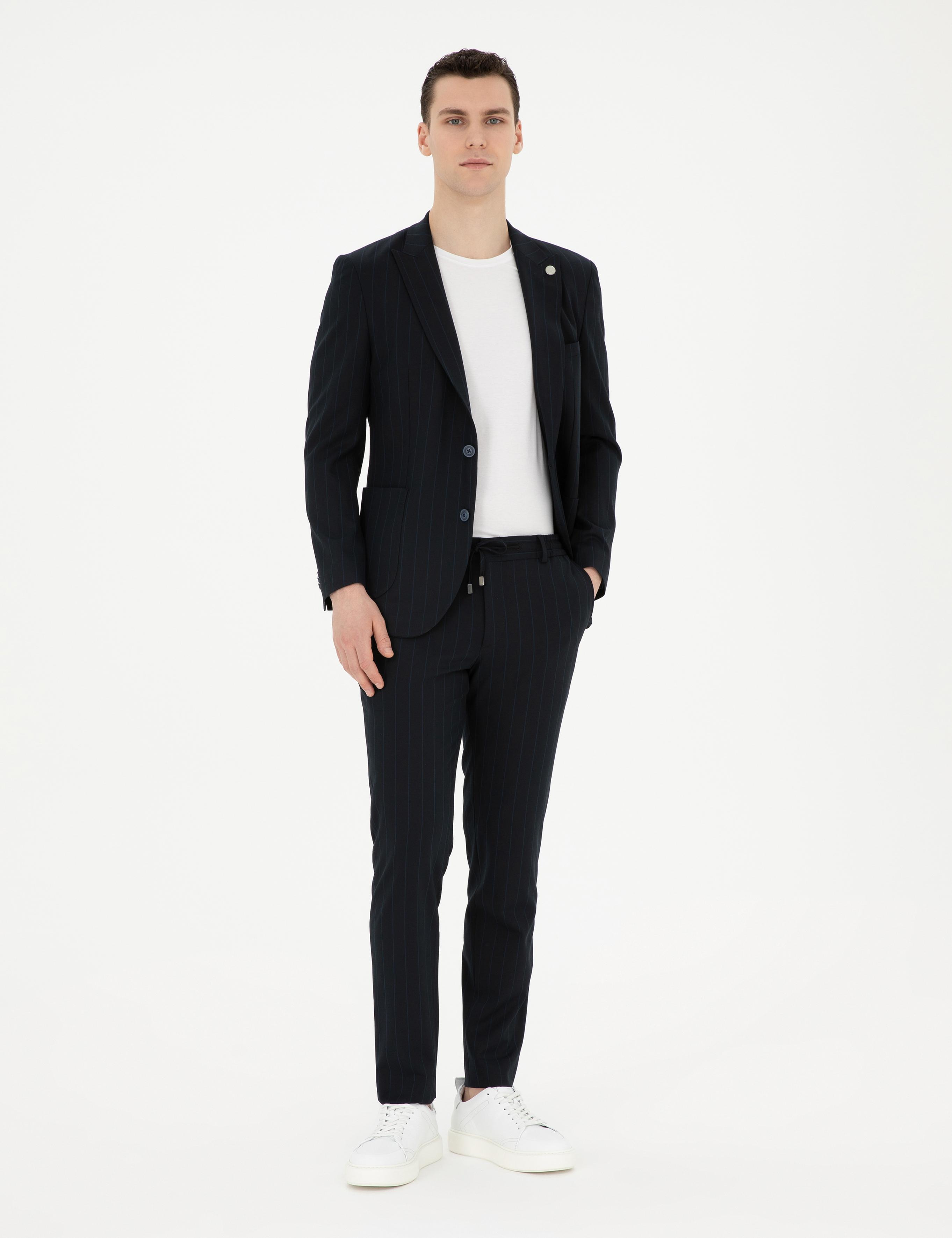 Lacivert Ex. Slim Fit Çizgili Takım Elbise