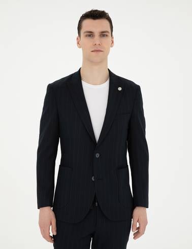Lacivert Ex. Slim Fit Çizgili Takım Elbise