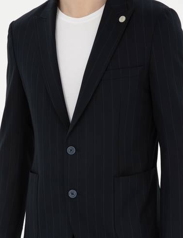 Lacivert Ex. Slim Fit Çizgili Takım Elbise