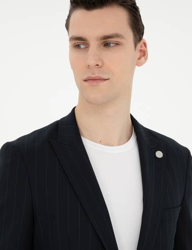 Lacivert Ex. Slim Fit Çizgili Takım Elbise