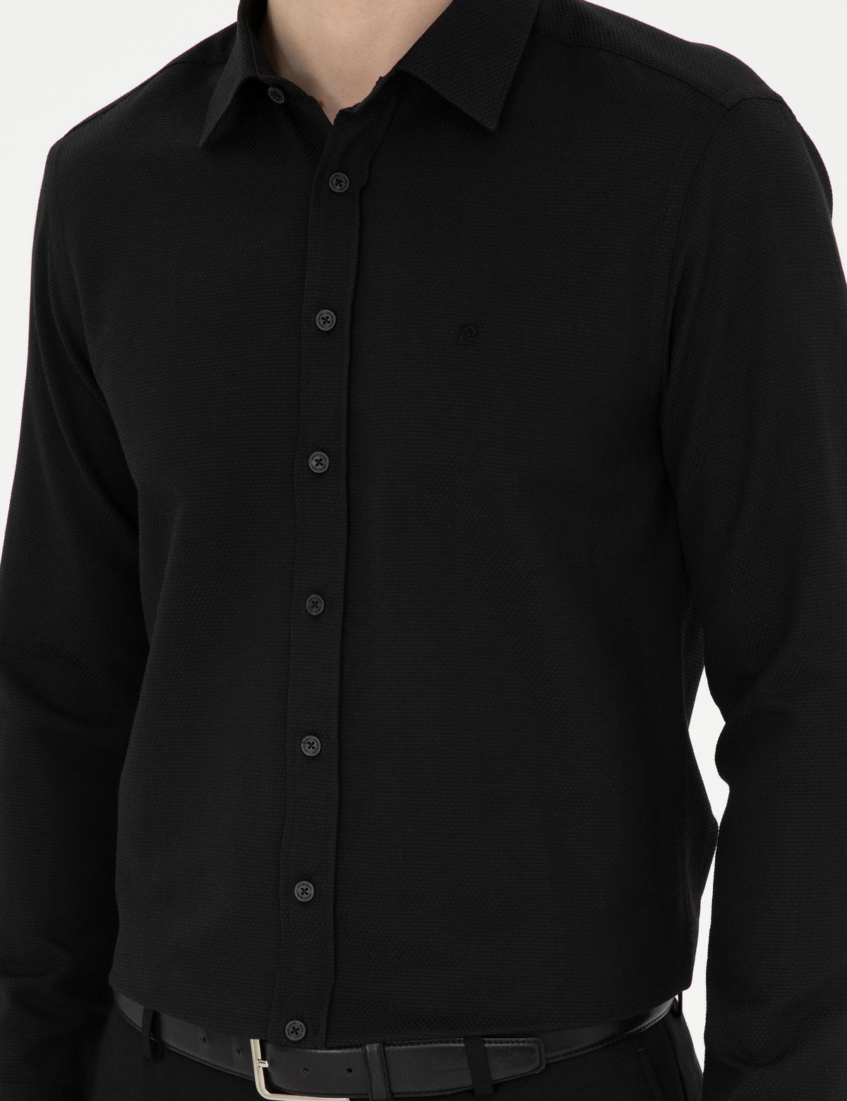 Siyah Slim Fit Armürlü Uzun Kollu Gömlek - 50289391034