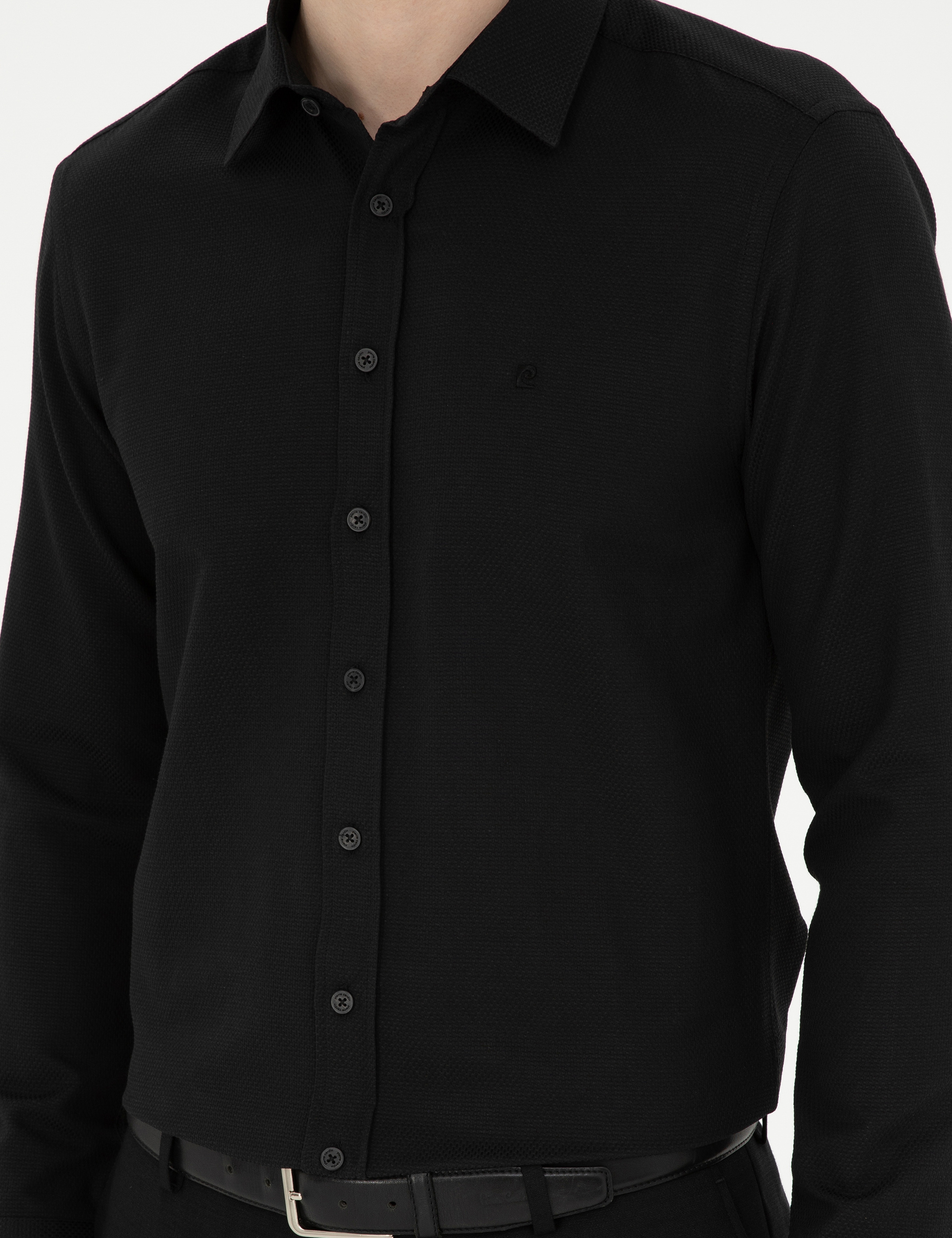 Siyah Slim Fit Armürlü Uzun Kollu Gömlek