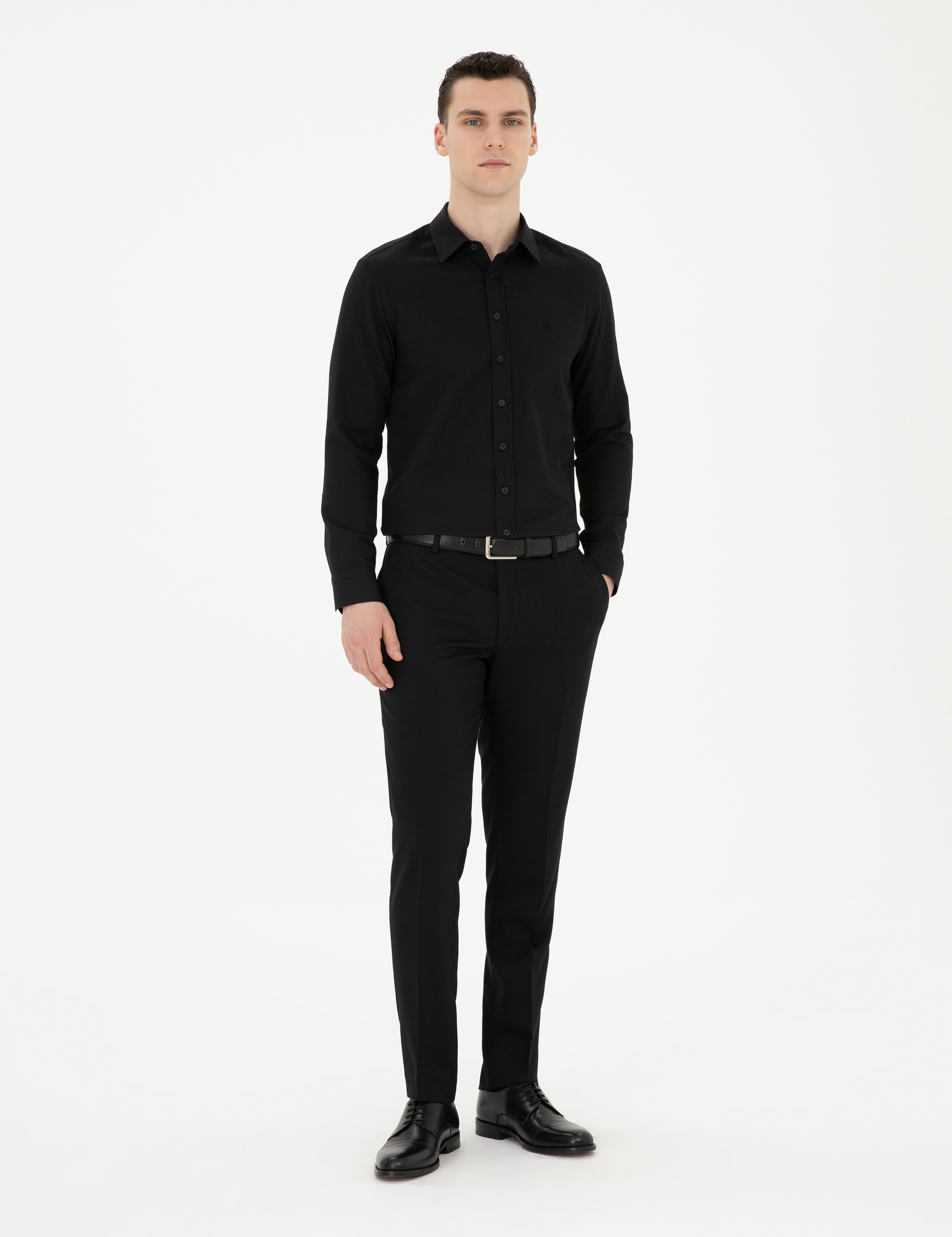 Siyah Slim Fit Armürlü Uzun Kollu Gömlek - Image 4