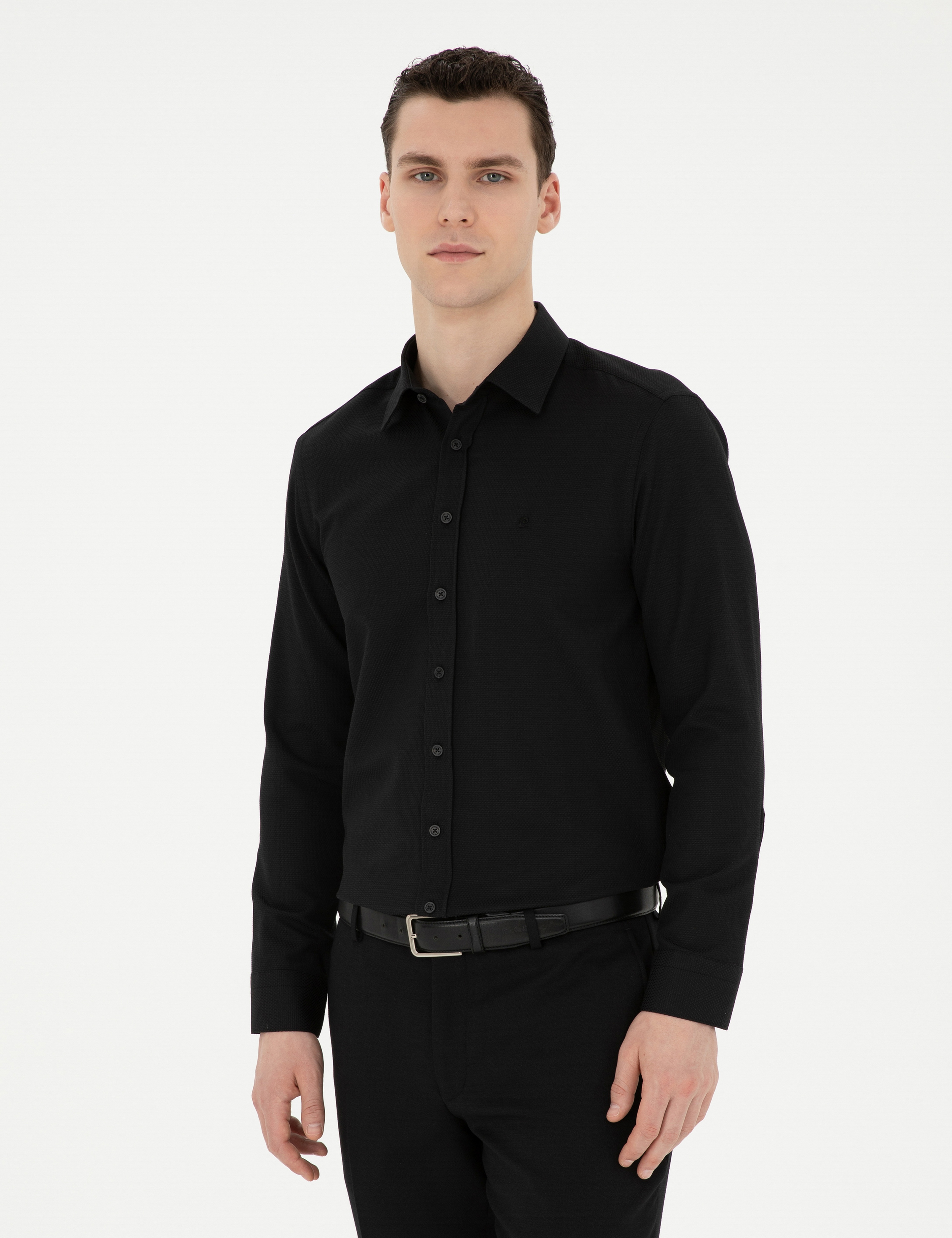 Siyah Slim Fit Armürlü Uzun Kollu Gömlek - Image 3