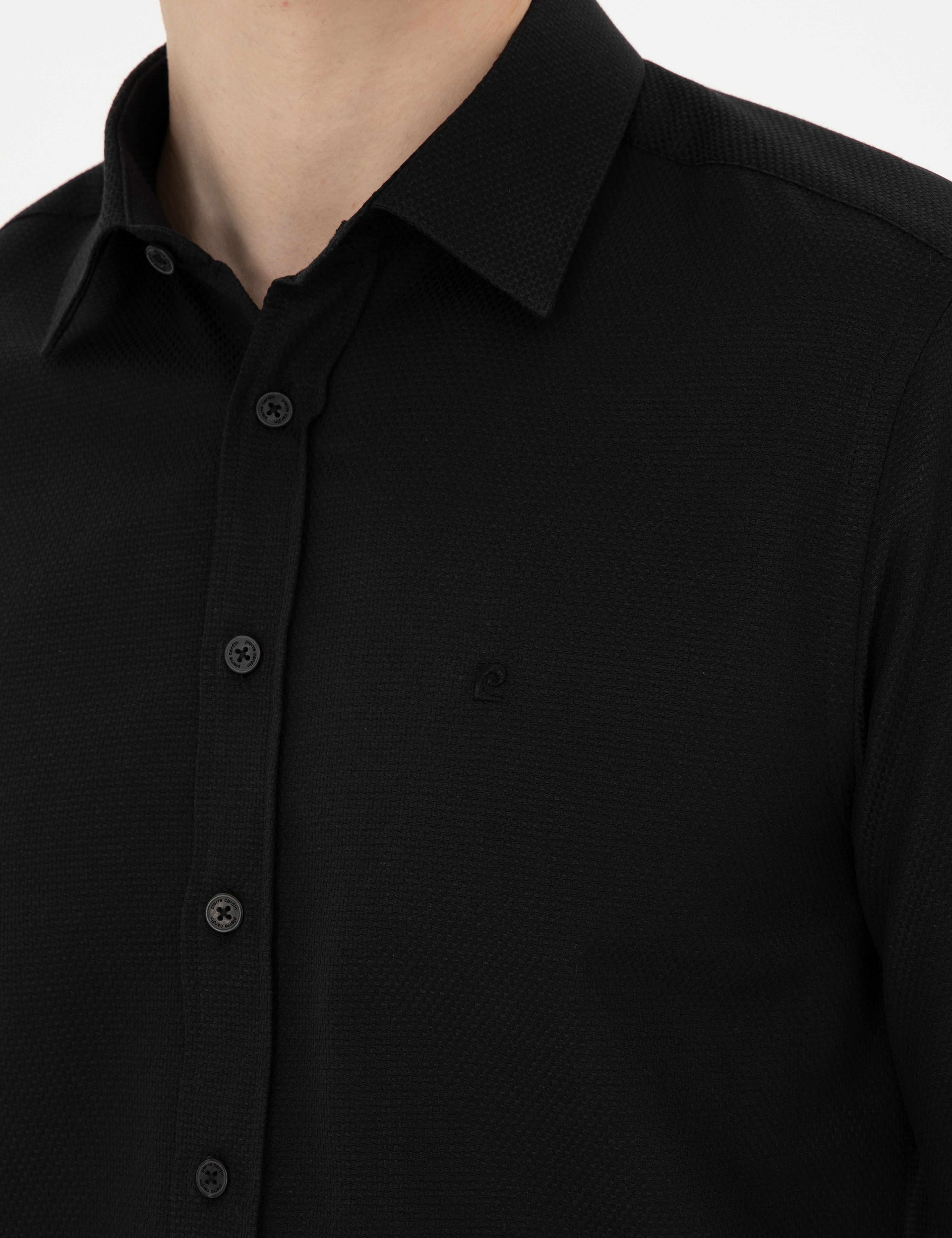 Siyah Slim Fit Armürlü Uzun Kollu Gömlek