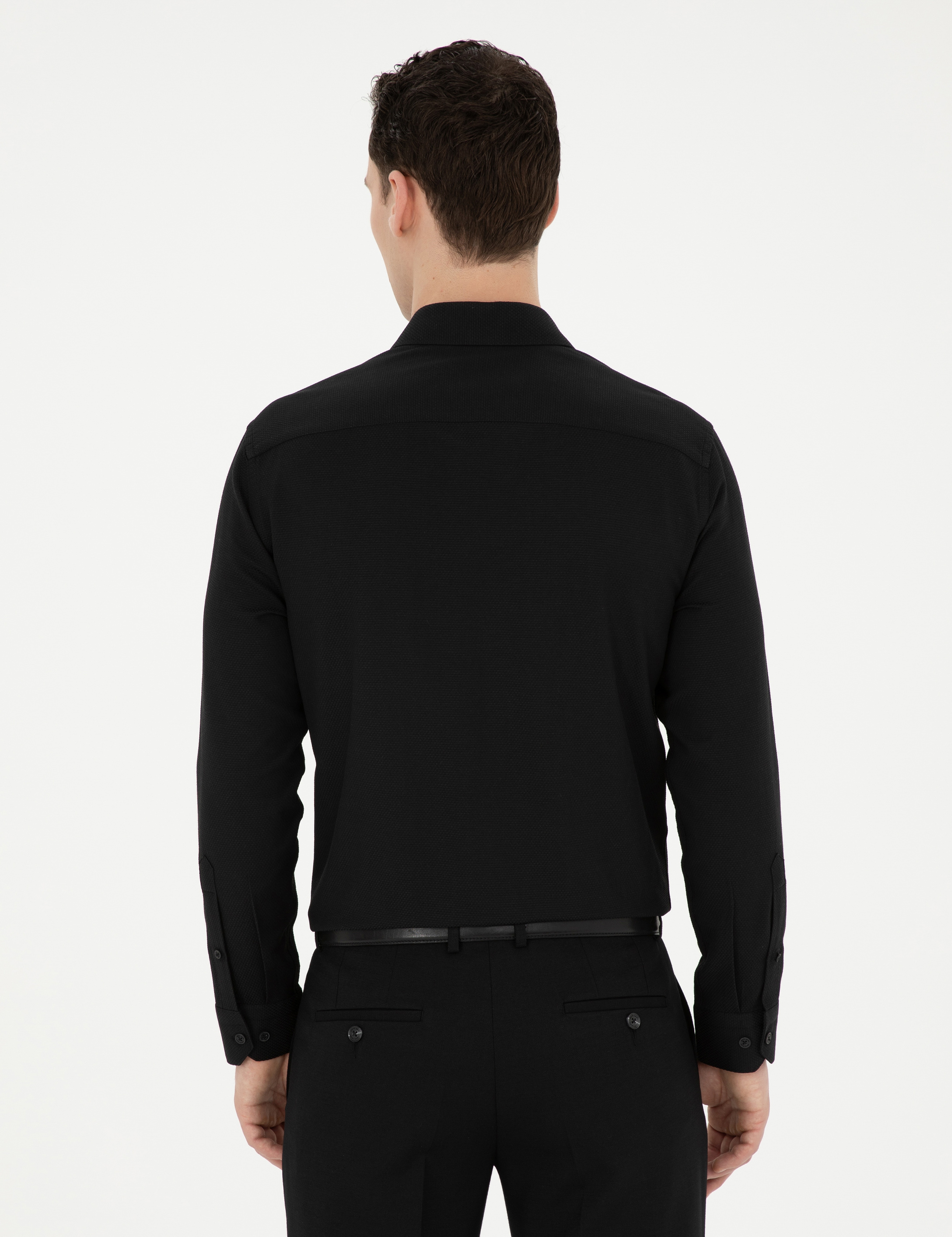 Siyah Slim Fit Armürlü Uzun Kollu Gömlek - Image 5