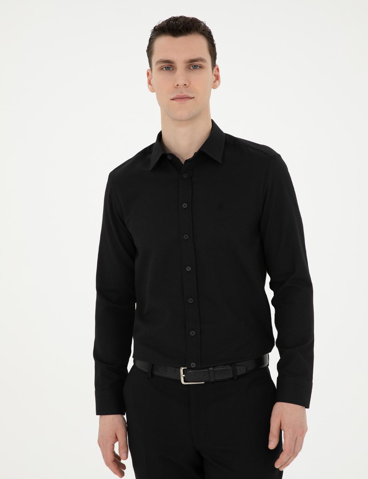 Siyah Slim Fit Armürlü Uzun Kollu Gömlek