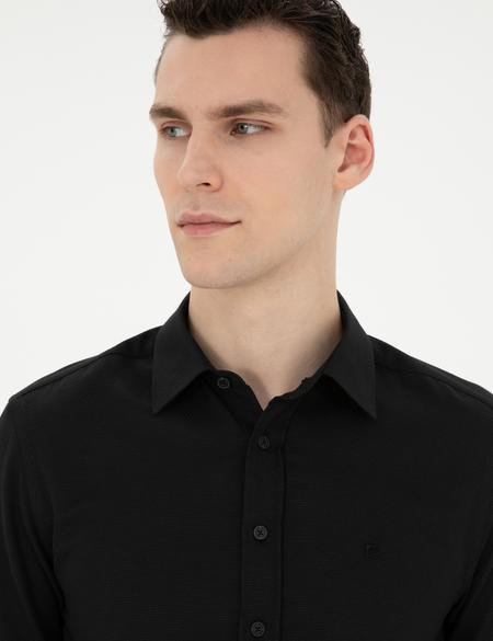 Siyah Slim Fit Armürlü Uzun Kollu Gömlek - 50289391034
