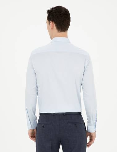 Açık Mavi %100 Pamuk Parlak Saten Slim Fit Uzun Kollu Basic Gömlek