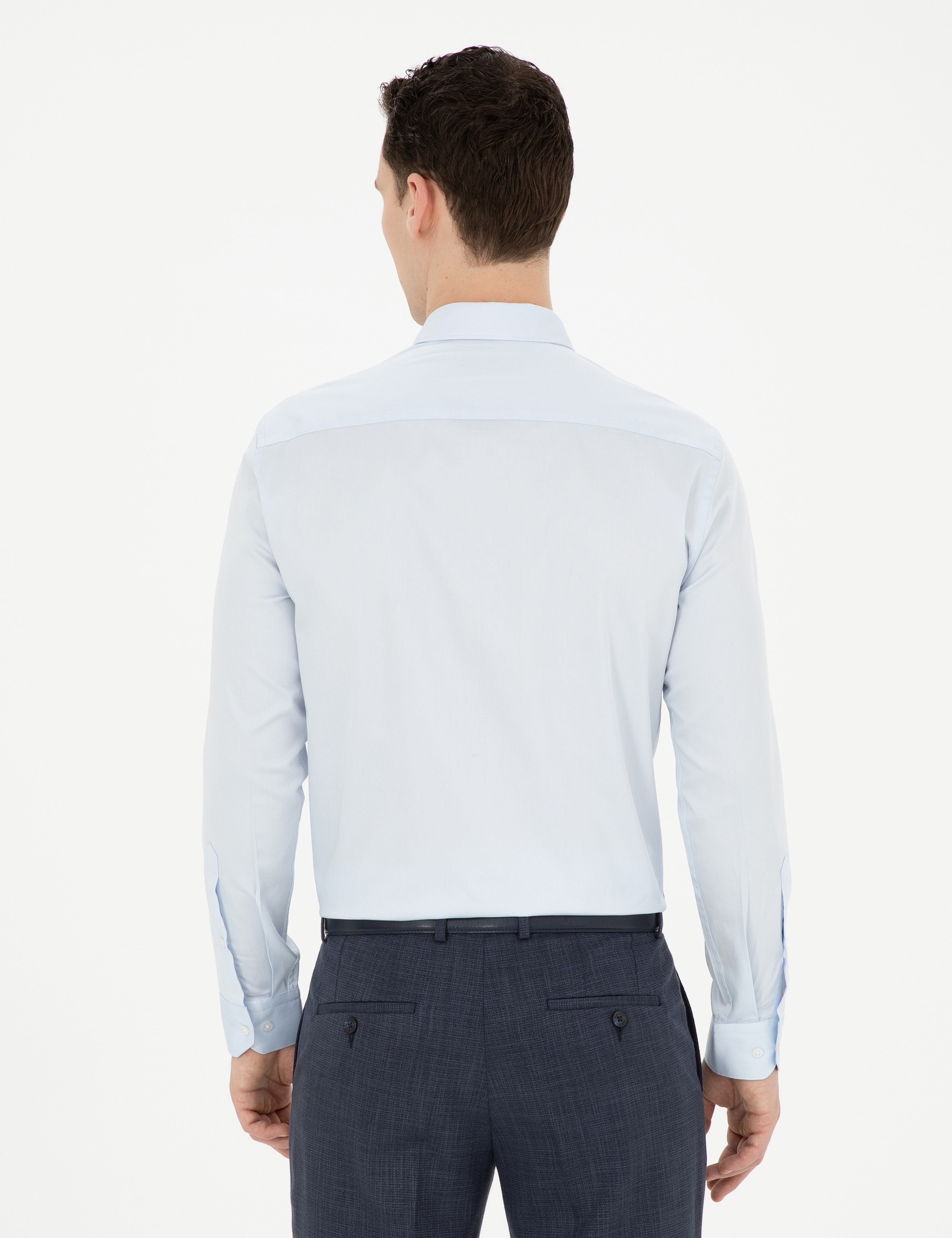 Açık Mavi %100 Pamuk Parlak Saten Slim Fit Uzun Kollu Basic Gömlek - Image 5