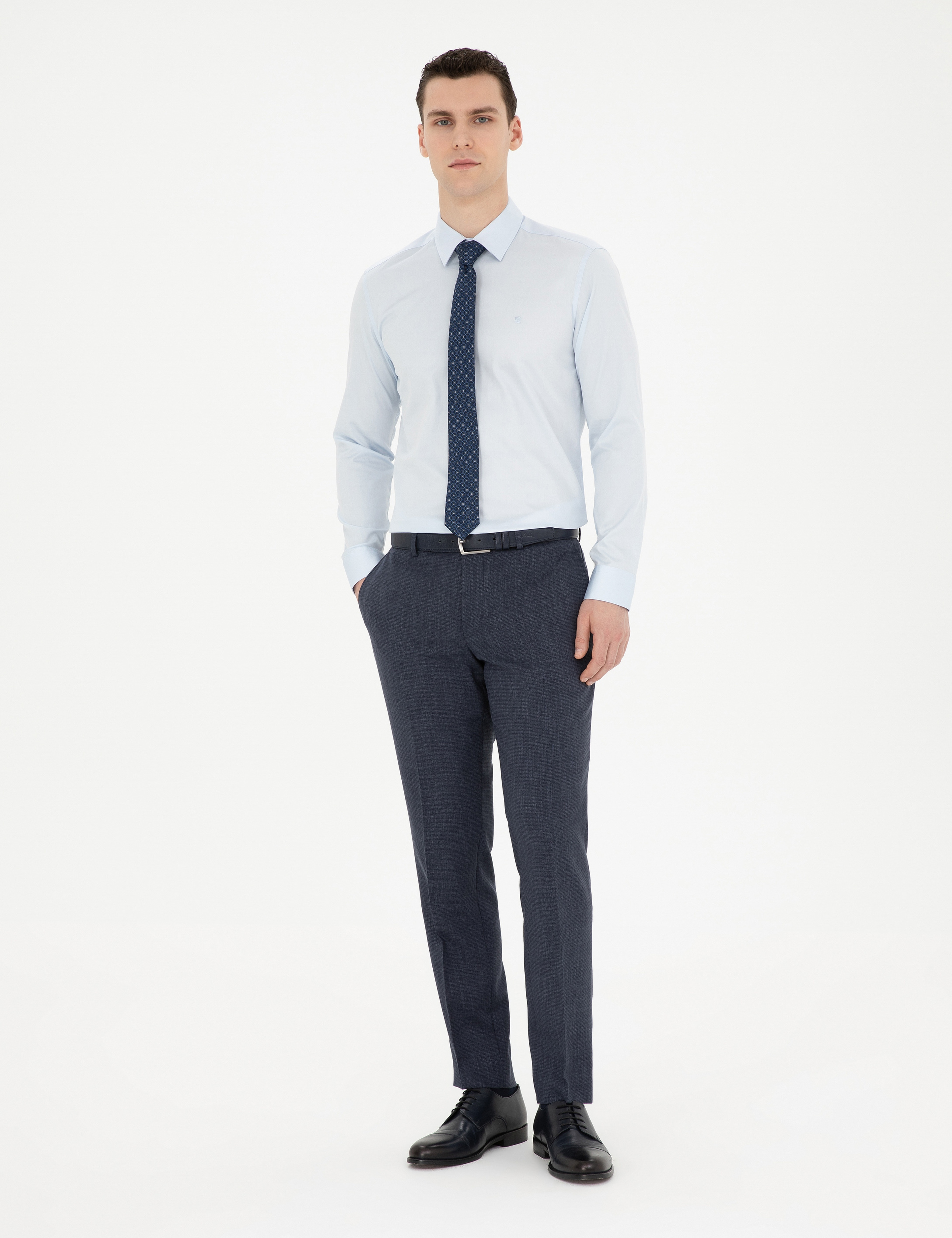 Açık Mavi %100 Pamuk Parlak Saten Slim Fit Uzun Kollu Basic Gömlek - Image 4