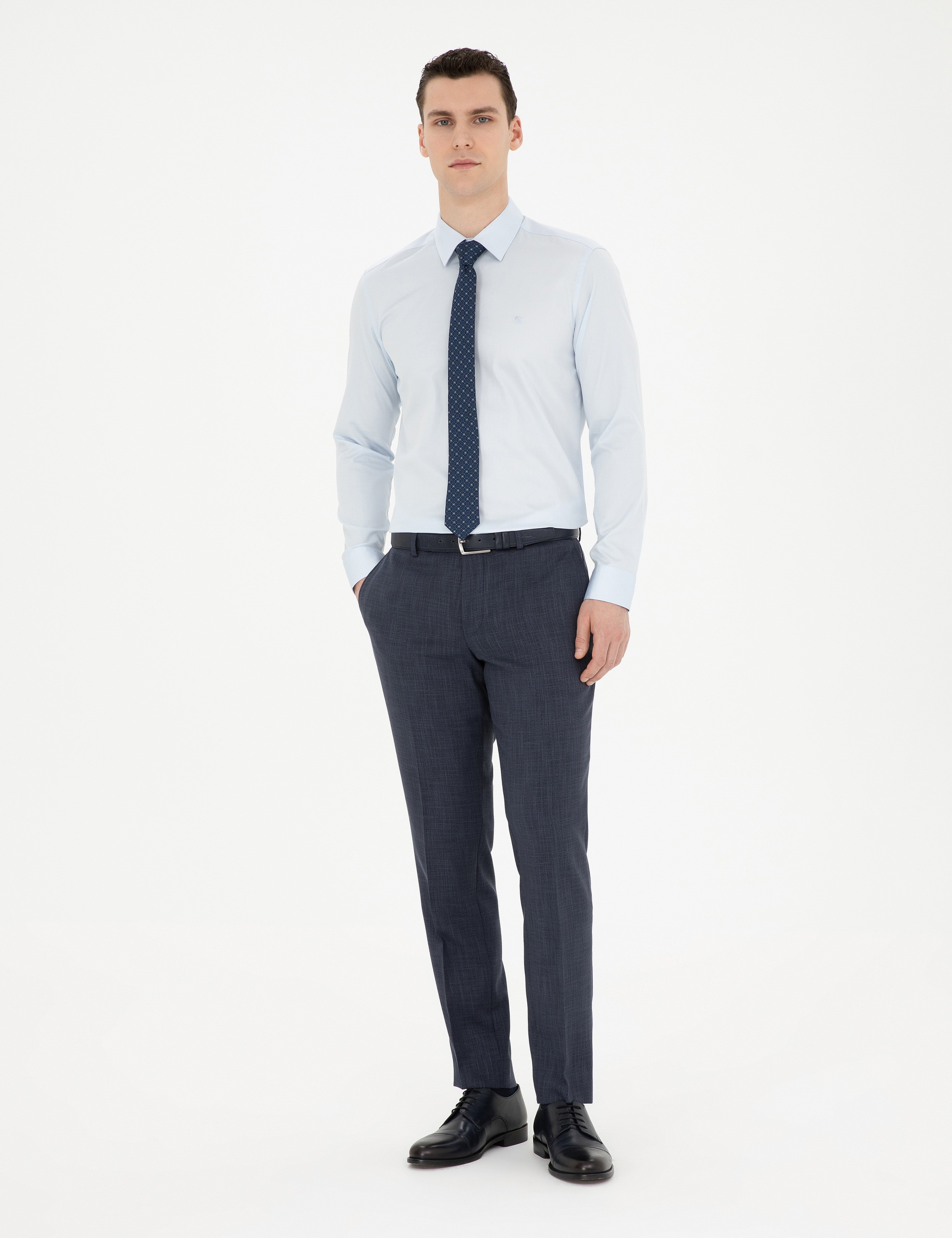 Açık Mavi %100 Pamuk Parlak Saten Slim Fit Uzun Kollu Basic Gömlek
