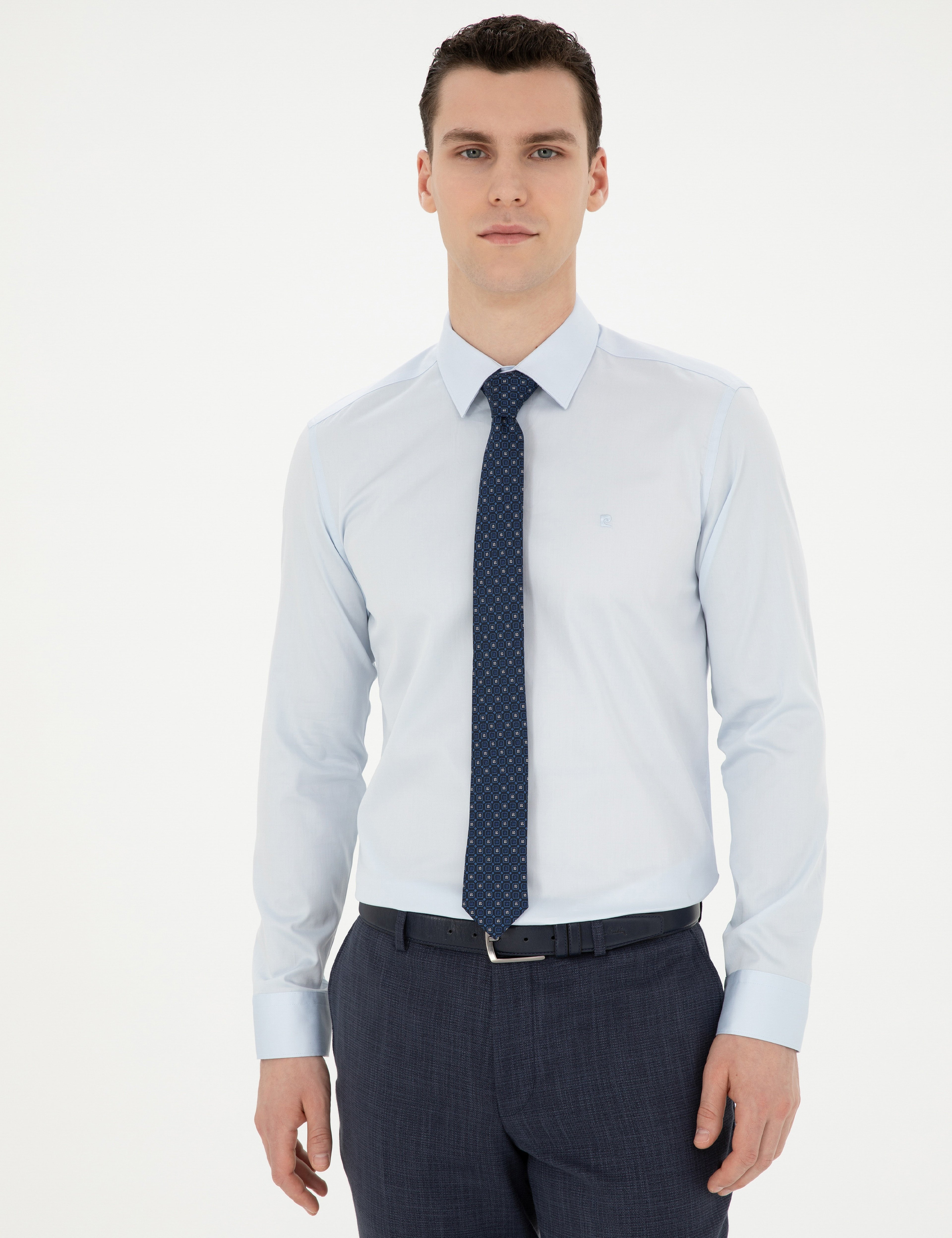 Açık Mavi %100 Pamuk Parlak Saten Slim Fit Uzun Kollu Basic Gömlek