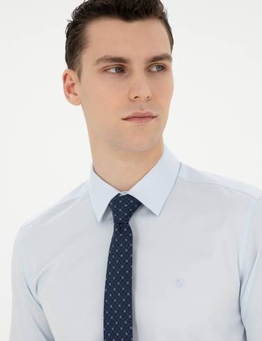 Açık Mavi %100 Pamuk Parlak Saten Slim Fit Uzun Kollu Basic Gömlek