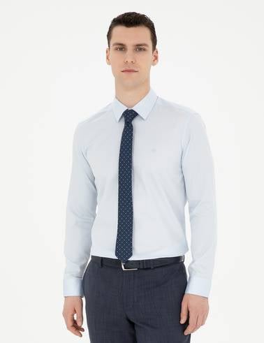 Açık Mavi %100 Pamuk Parlak Saten Slim Fit Uzun Kollu Basic Gömlek