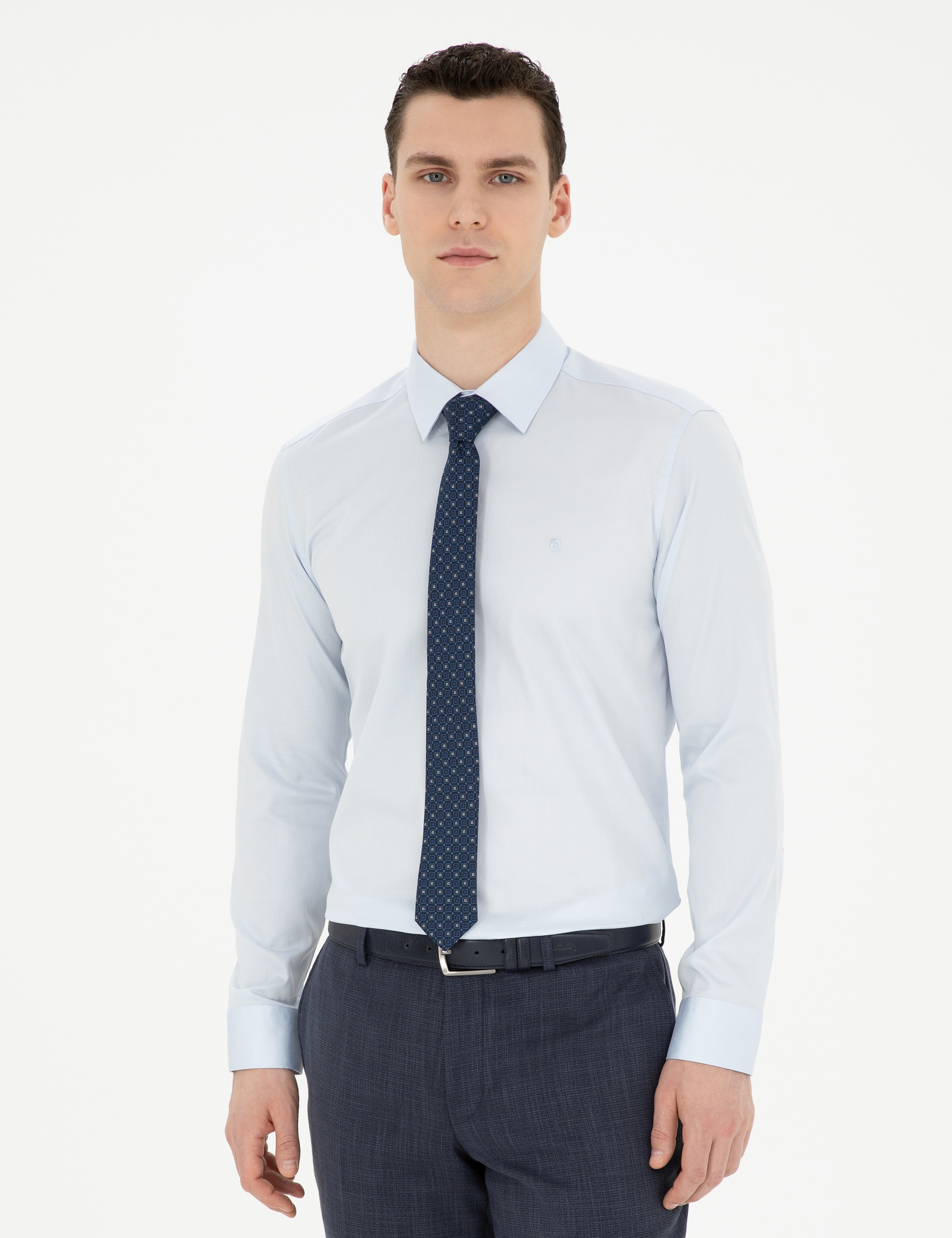 Açık Mavi %100 Pamuk Parlak Saten Slim Fit Uzun Kollu Basic Gömlek - Image 1