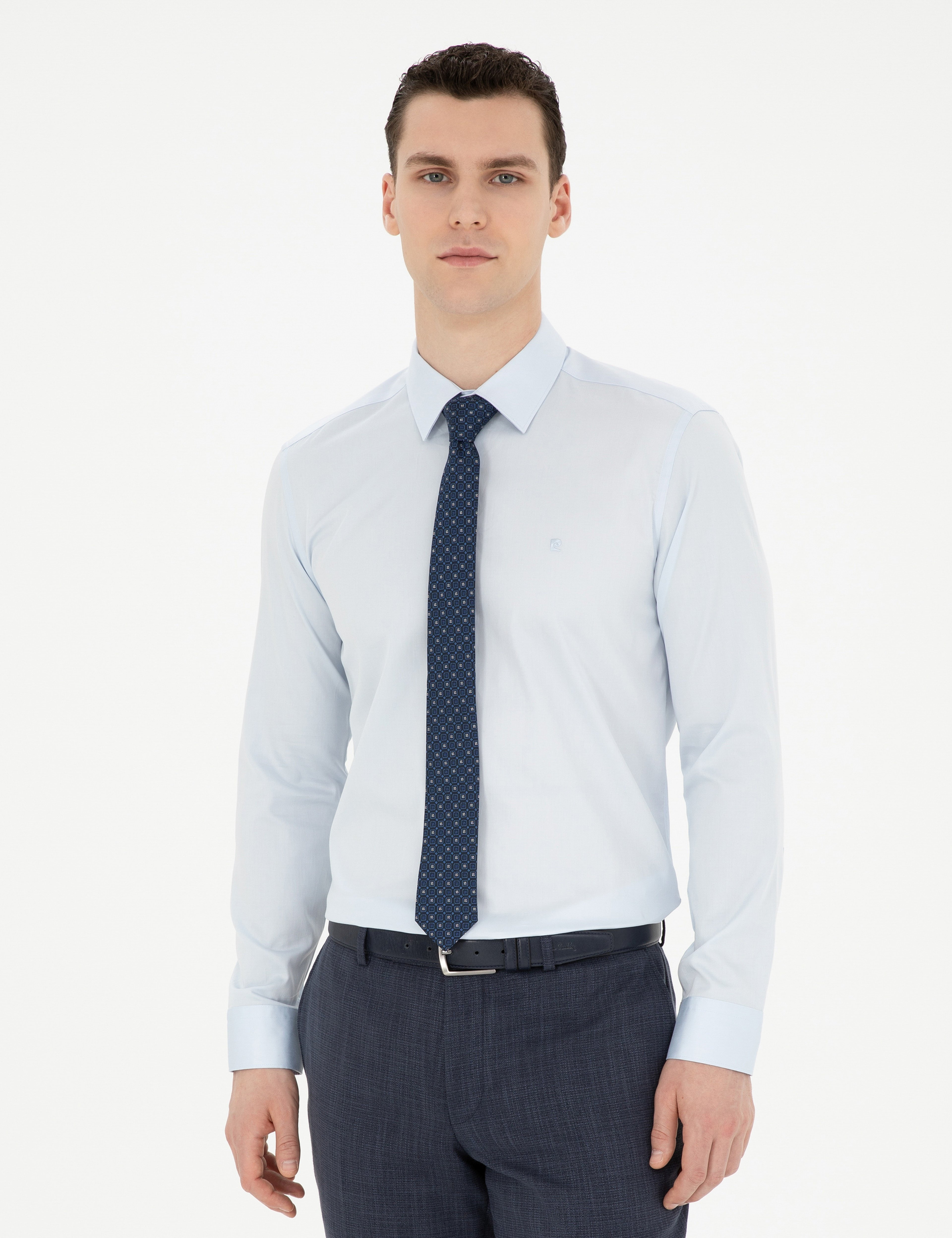 Açık Mavi %100 Pamuk Parlak Saten Slim Fit Uzun Kollu Basic Gömlek