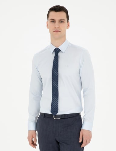 Açık Mavi %100 Pamuk Parlak Saten Slim Fit Uzun Kollu Basic Gömlek