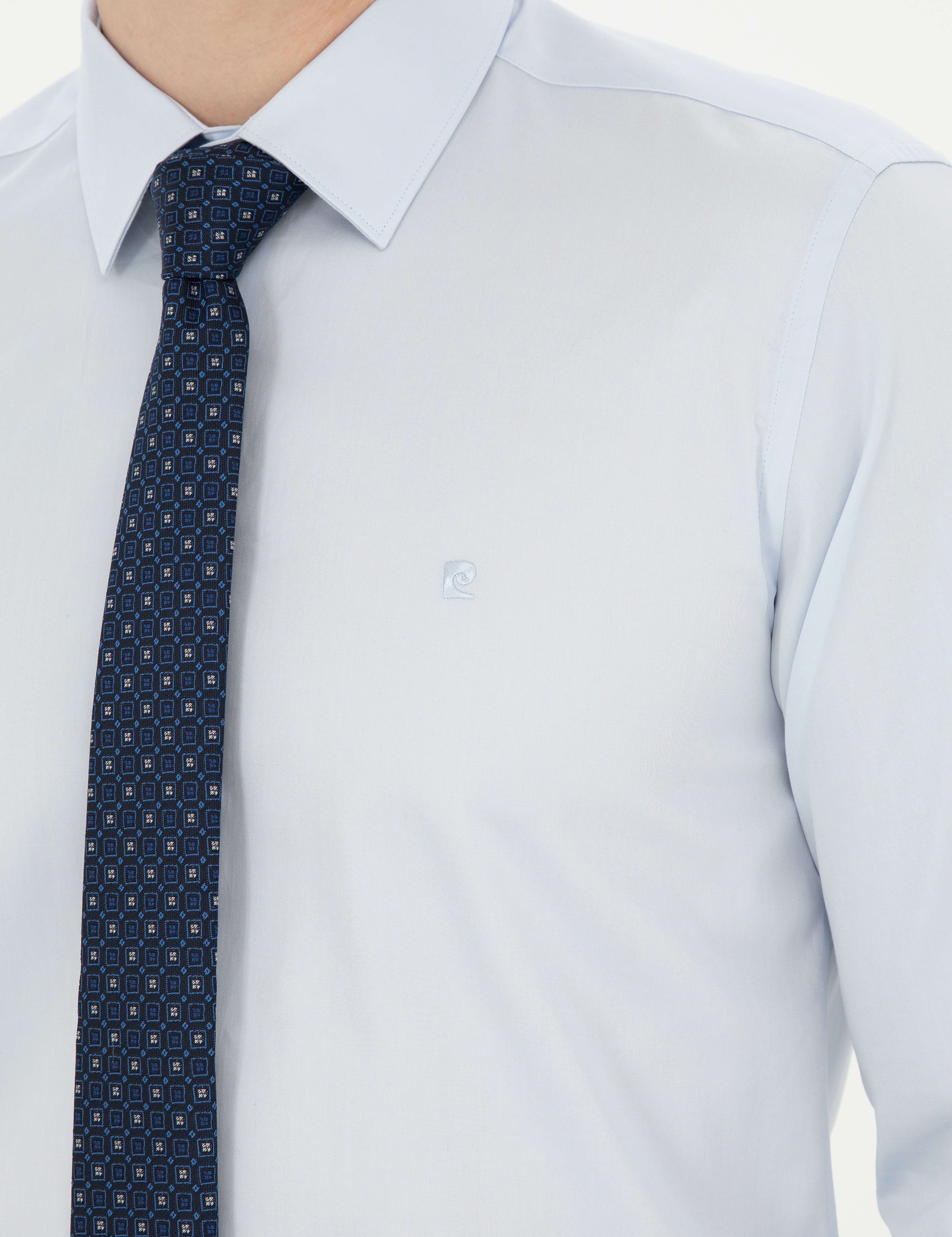 Açık Mavi %100 Pamuk Parlak Saten Slim Fit Uzun Kollu Basic Gömlek - Image 7